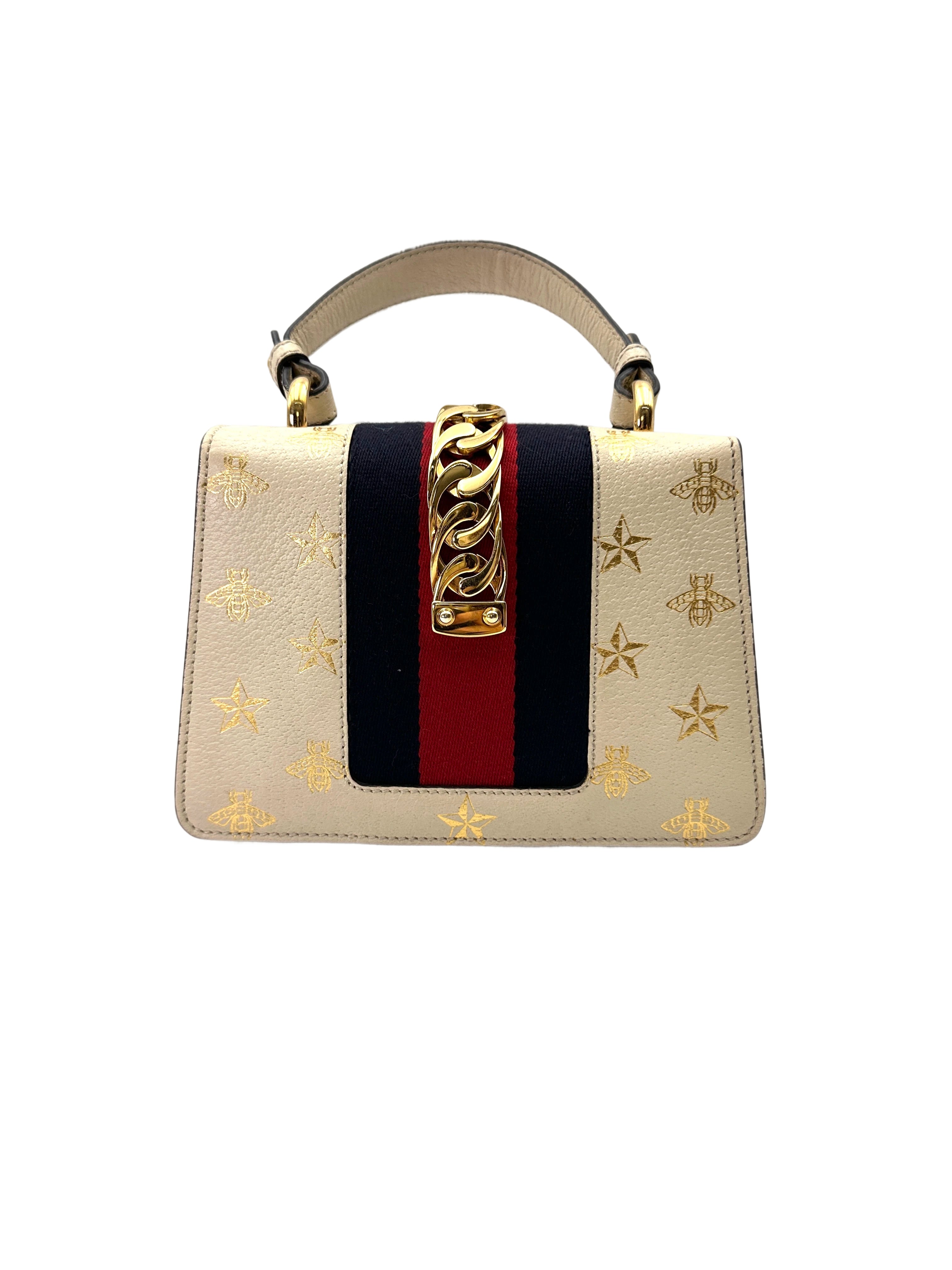 Gucci Sylvie Bee Star White Leather Top Handle Shoulder Bag GG1098