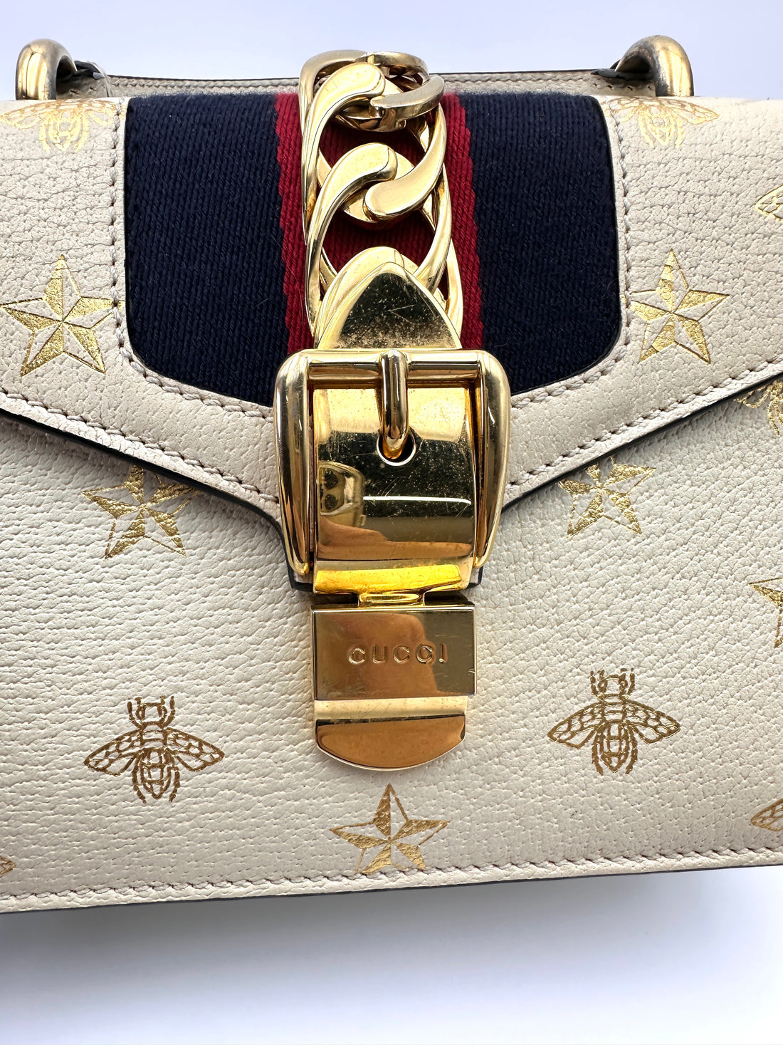 Gucci Sylvie Bee Star White Leather Top Handle Shoulder Bag GG1098