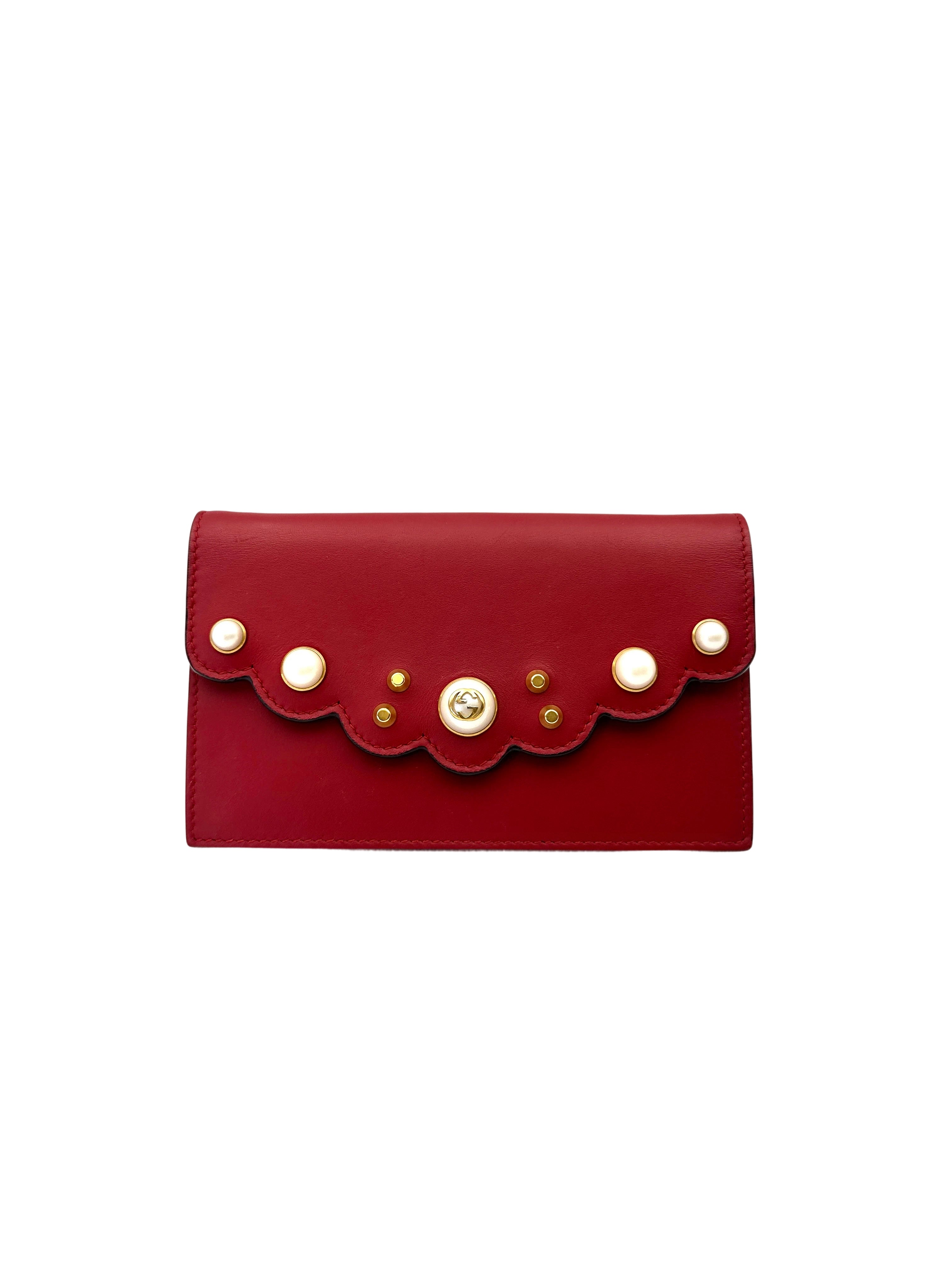 Gucci Peony Scalloped Pearl Studded Red Leather Wallet On Chain GG1095