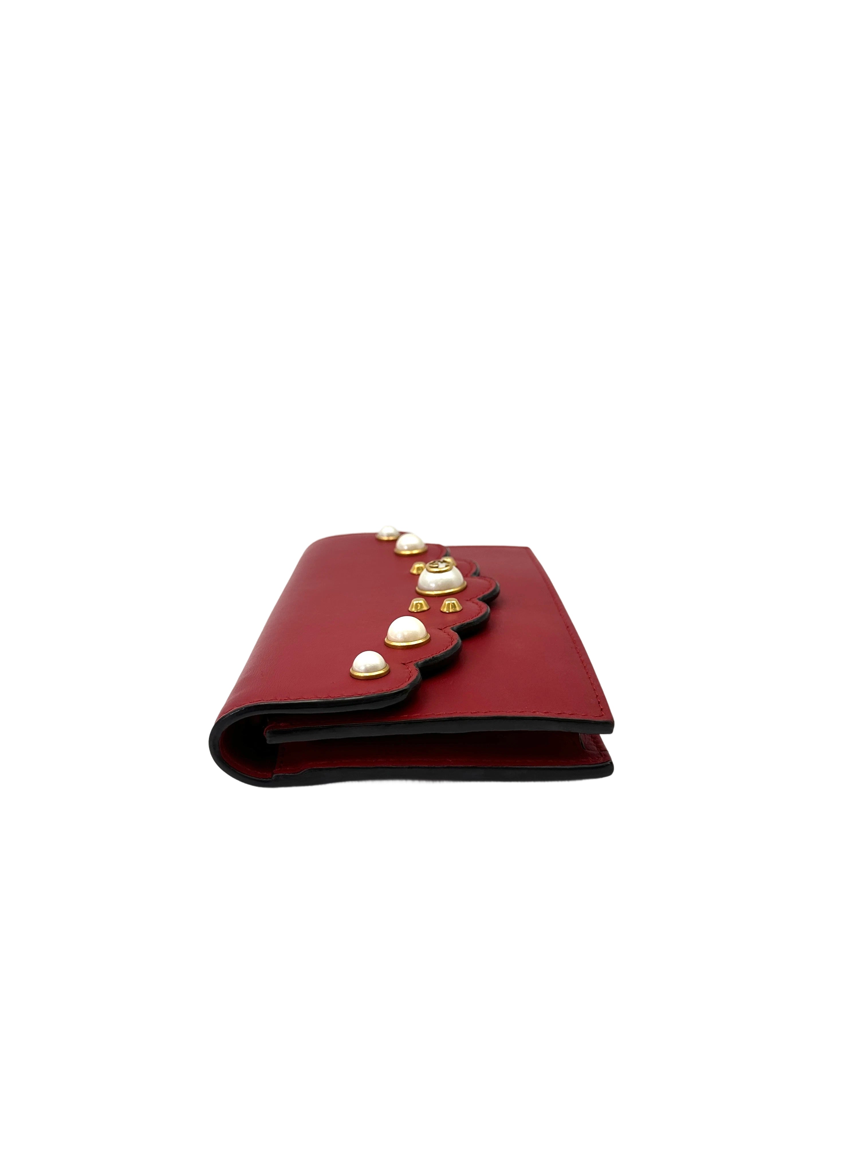 Gucci Peony Scalloped Pearl Studded Red Leather Wallet On Chain GG1095