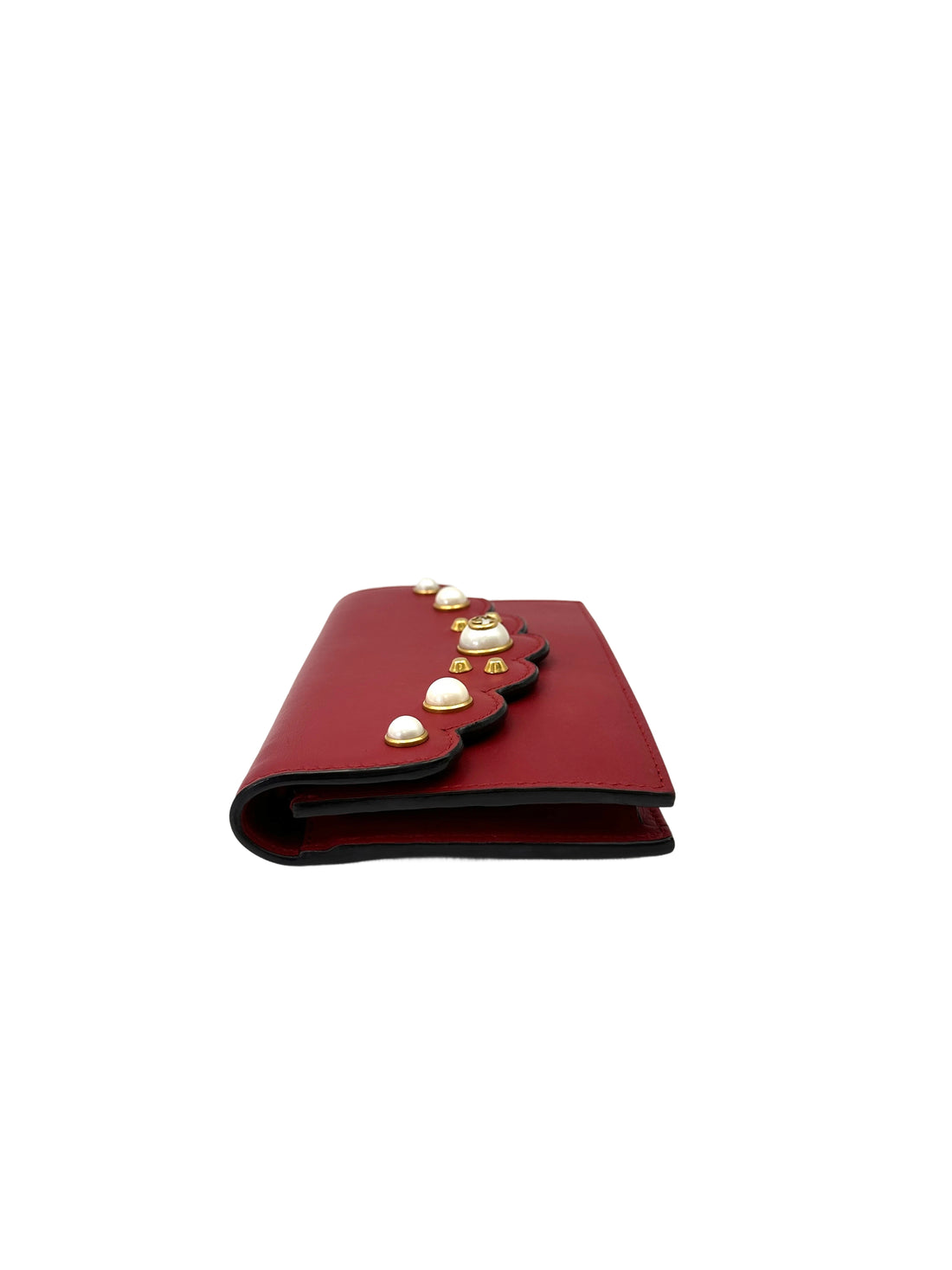 Gucci Peony Scalloped Pearl Studded Red Leather Wallet On Chain GG1095