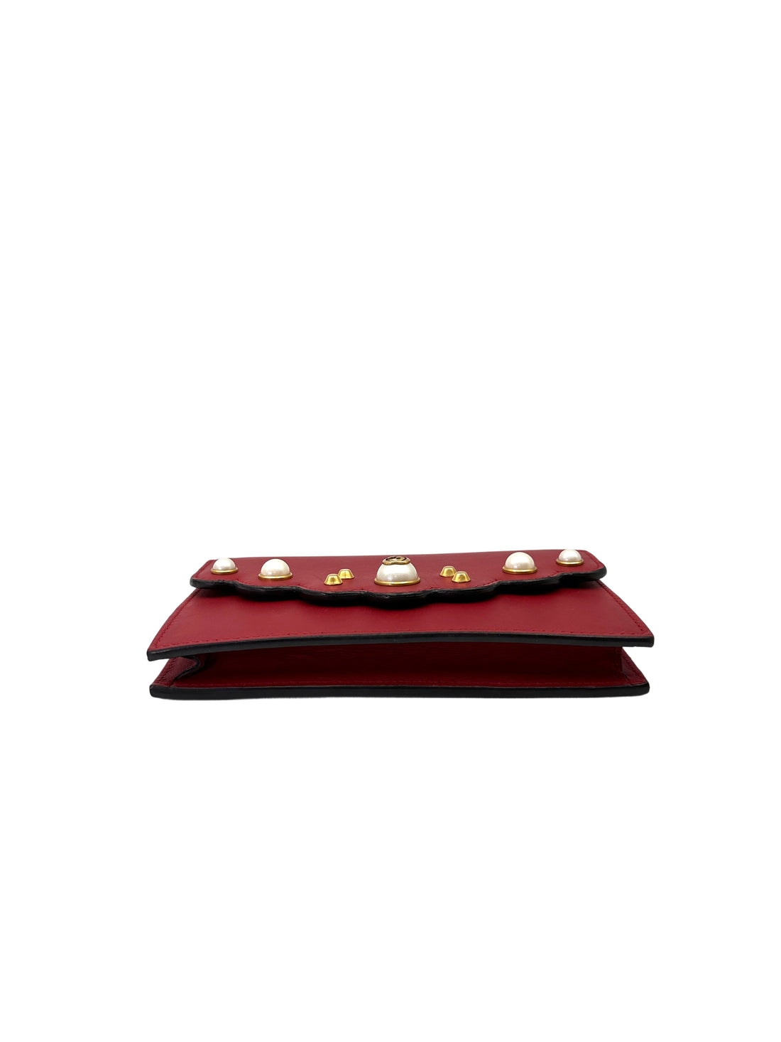 Gucci Peony Scalloped Pearl Studded Red Leather Wallet On Chain GG1095