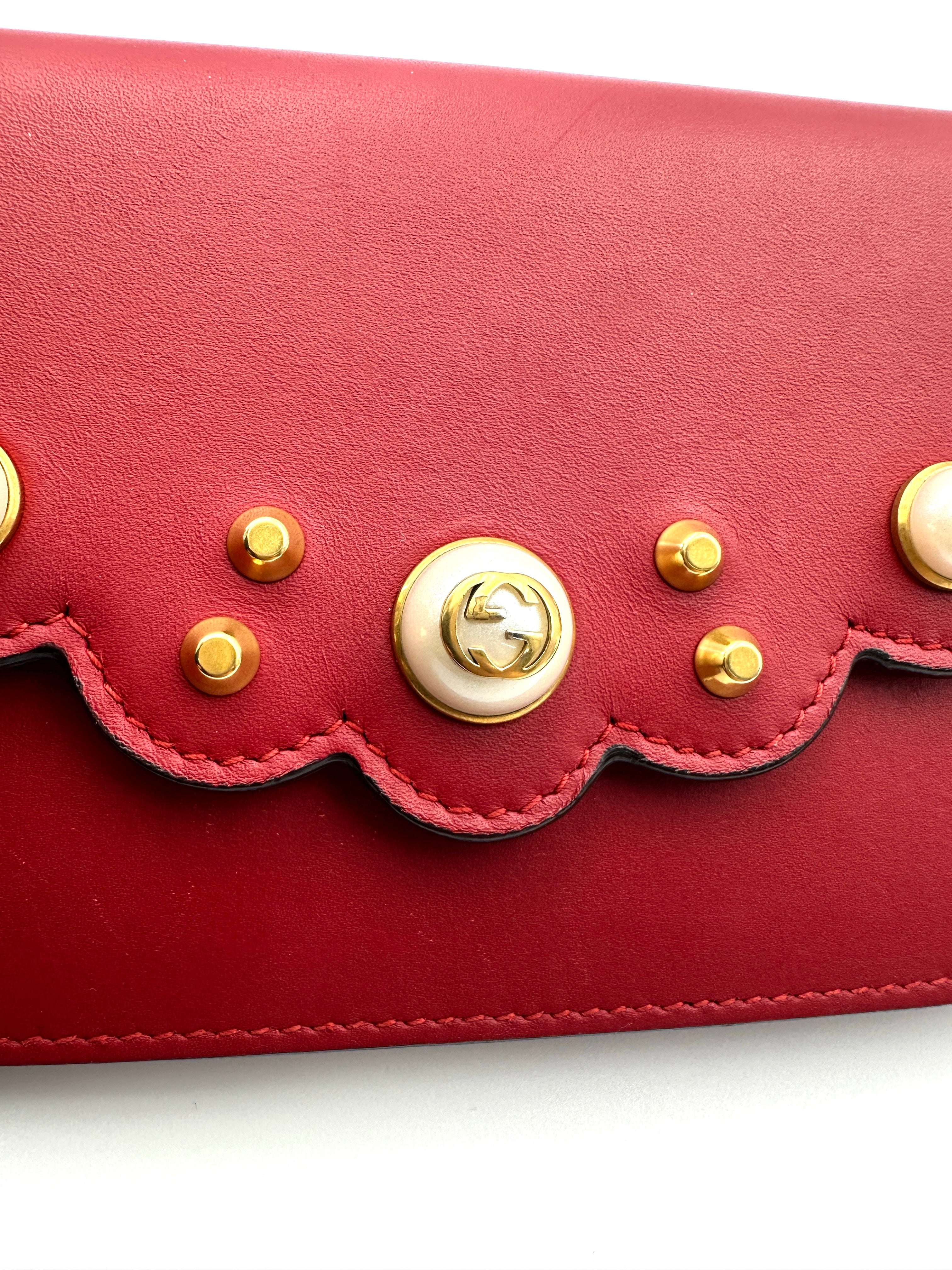 Gucci Peony Scalloped Pearl Studded Red Leather Wallet On Chain GG1095