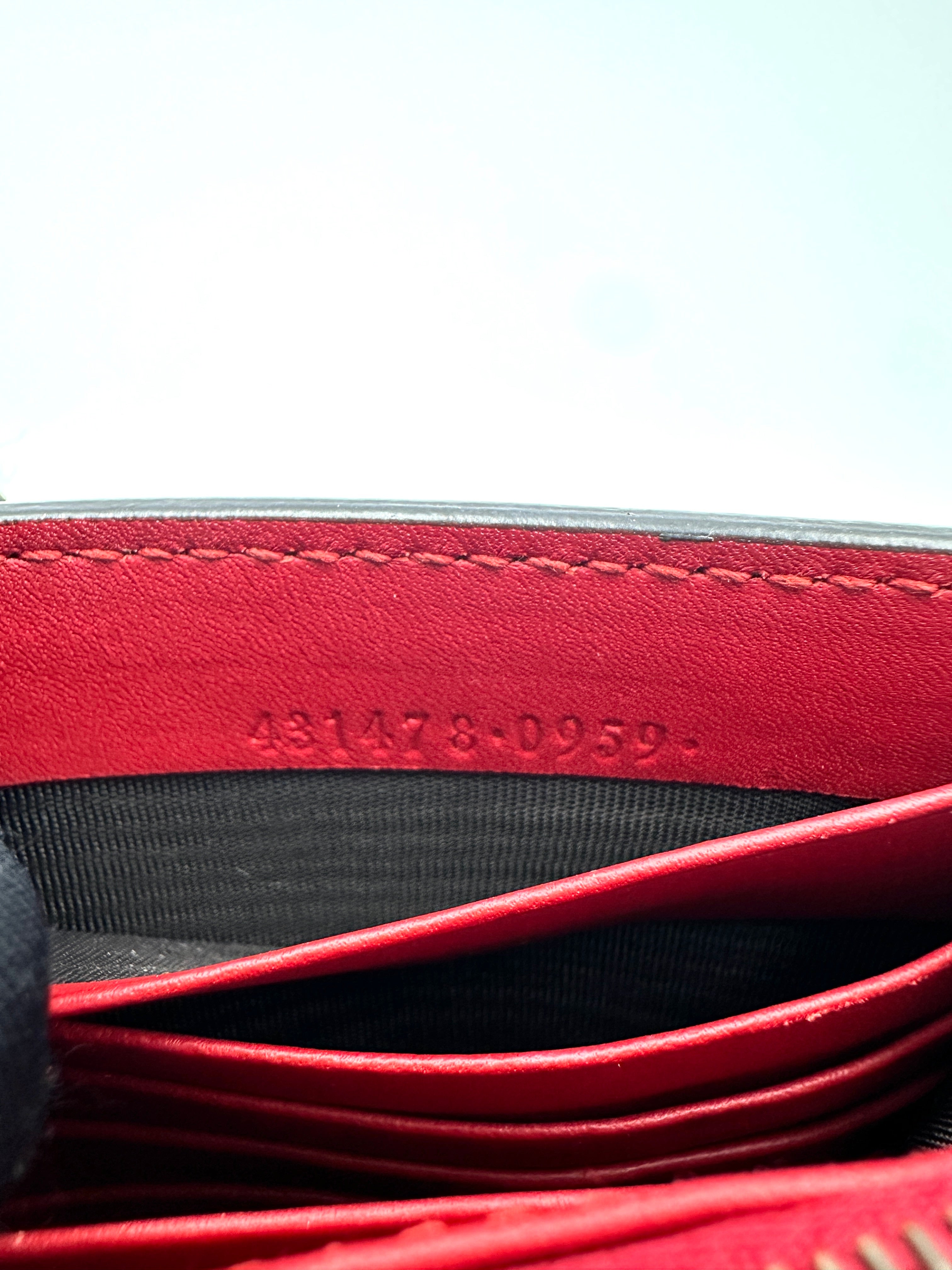 Gucci Peony Scalloped Pearl Studded Red Leather Wallet On Chain GG1095