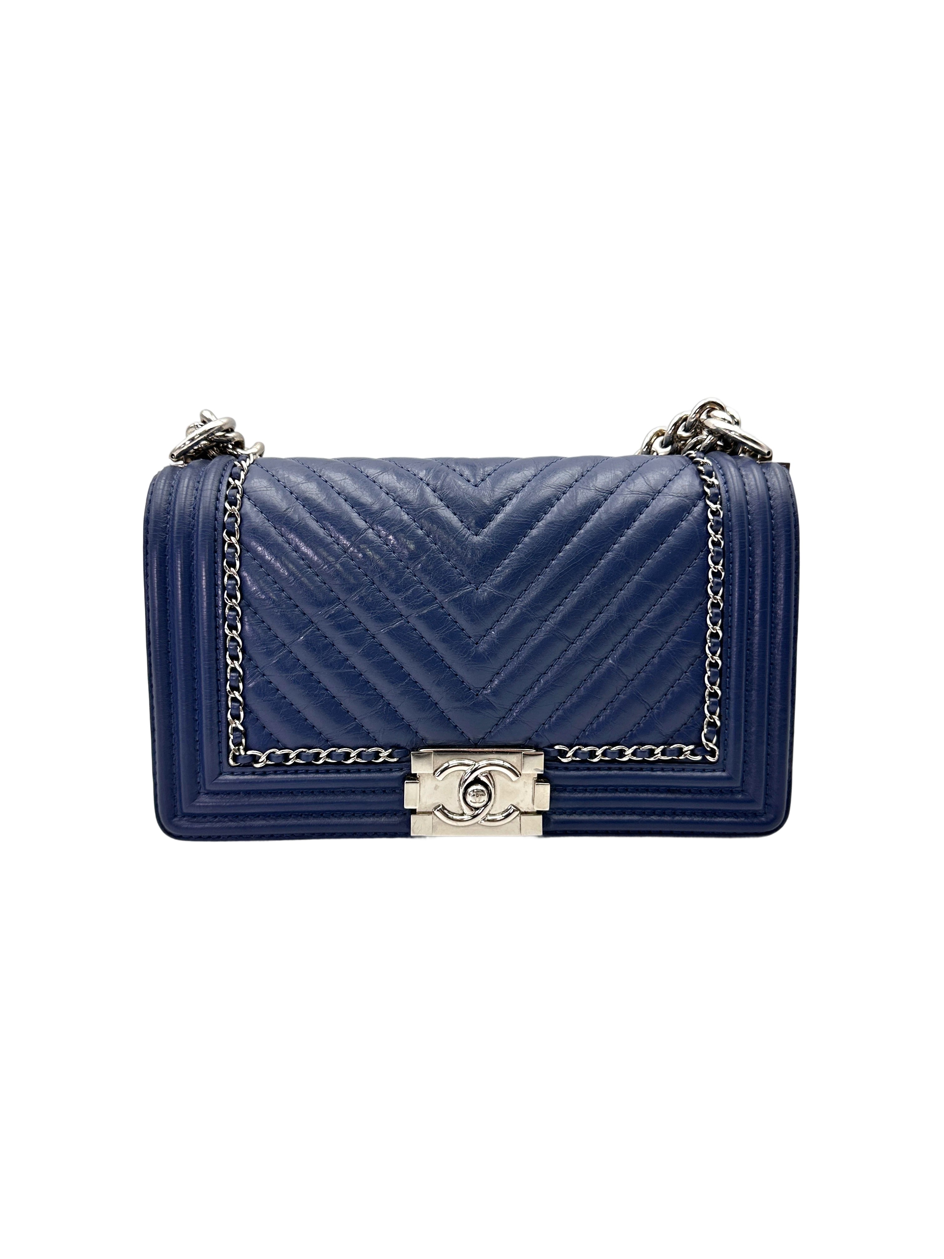 Chanel LeBoy Blue Chevron Quilted Leather Flap Bag With Gold Buckle(24***04)CC2016