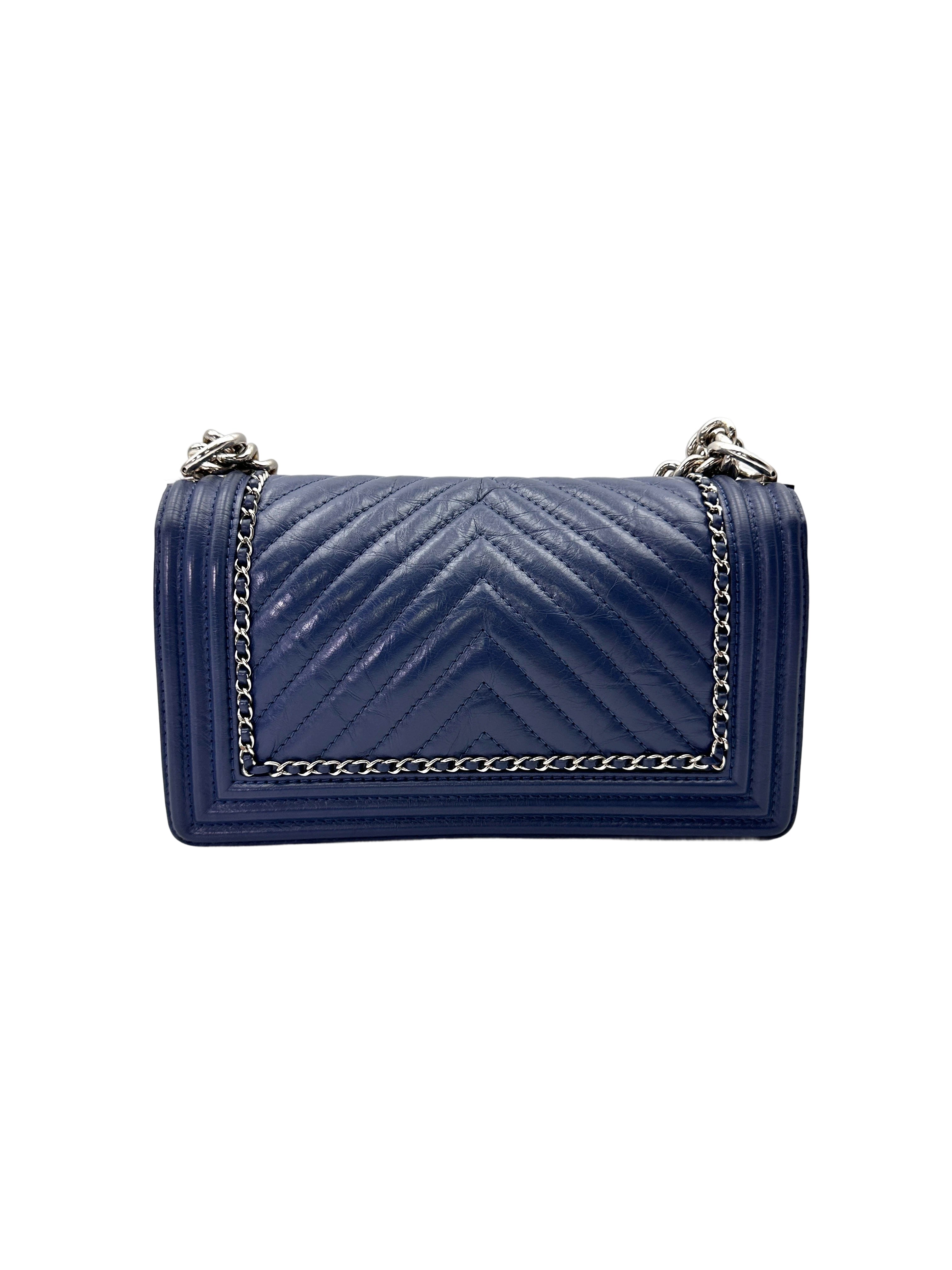 Chanel LeBoy Blue Chevron Quilted Leather Flap Bag With Gold Buckle(24***04)CC2016