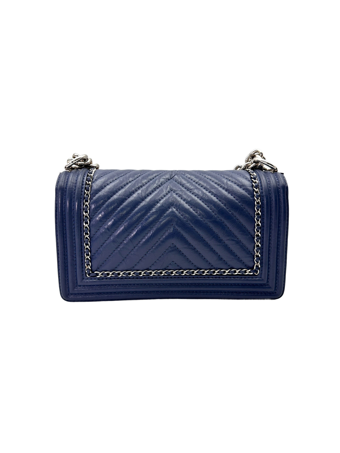Chanel LeBoy Blue Chevron Quilted Leather Flap Bag With Gold Buckle(24***04)CC2016