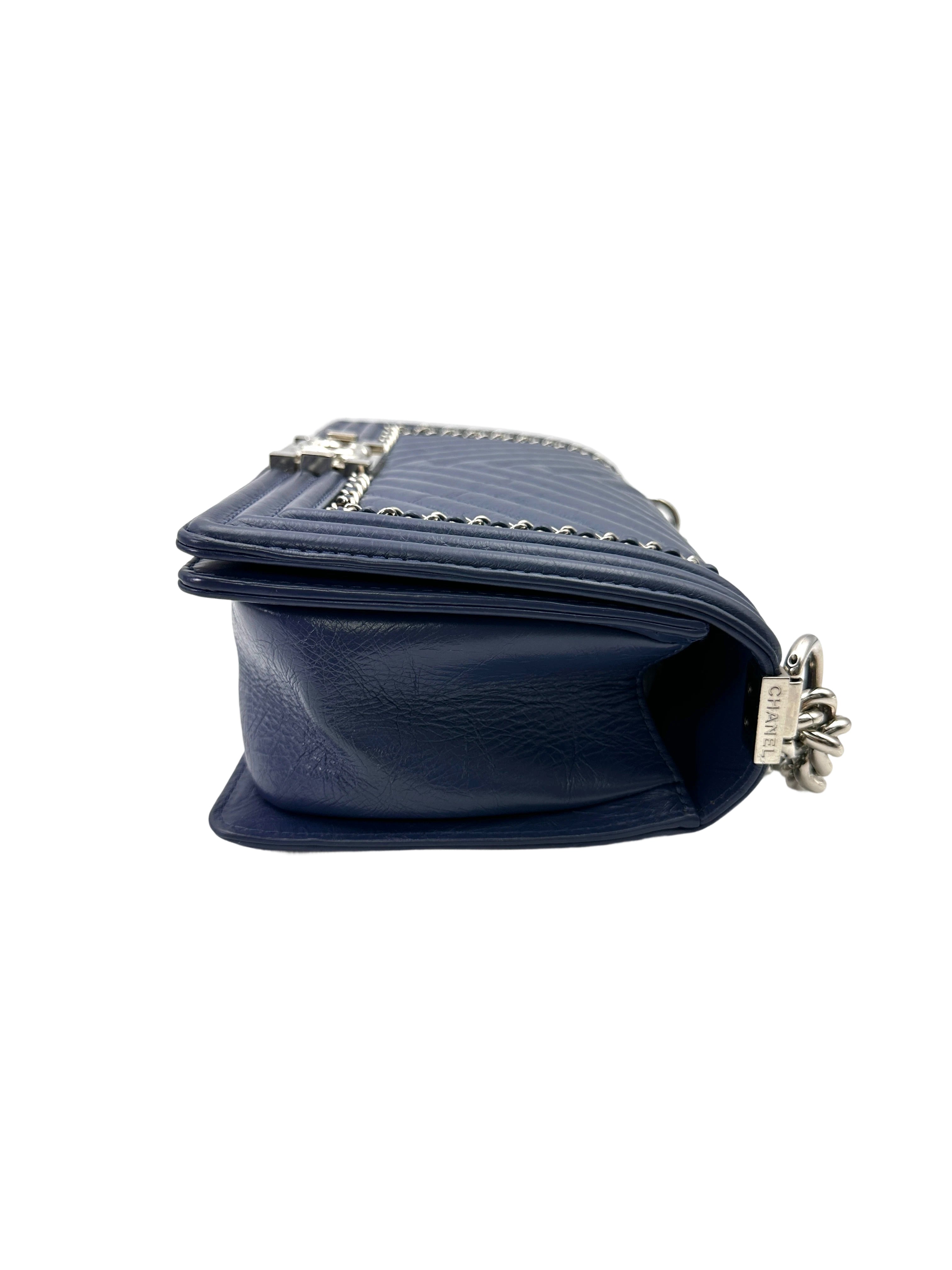 Chanel LeBoy Blue Chevron Quilted Leather Flap Bag With Gold Buckle(24***04)CC2016