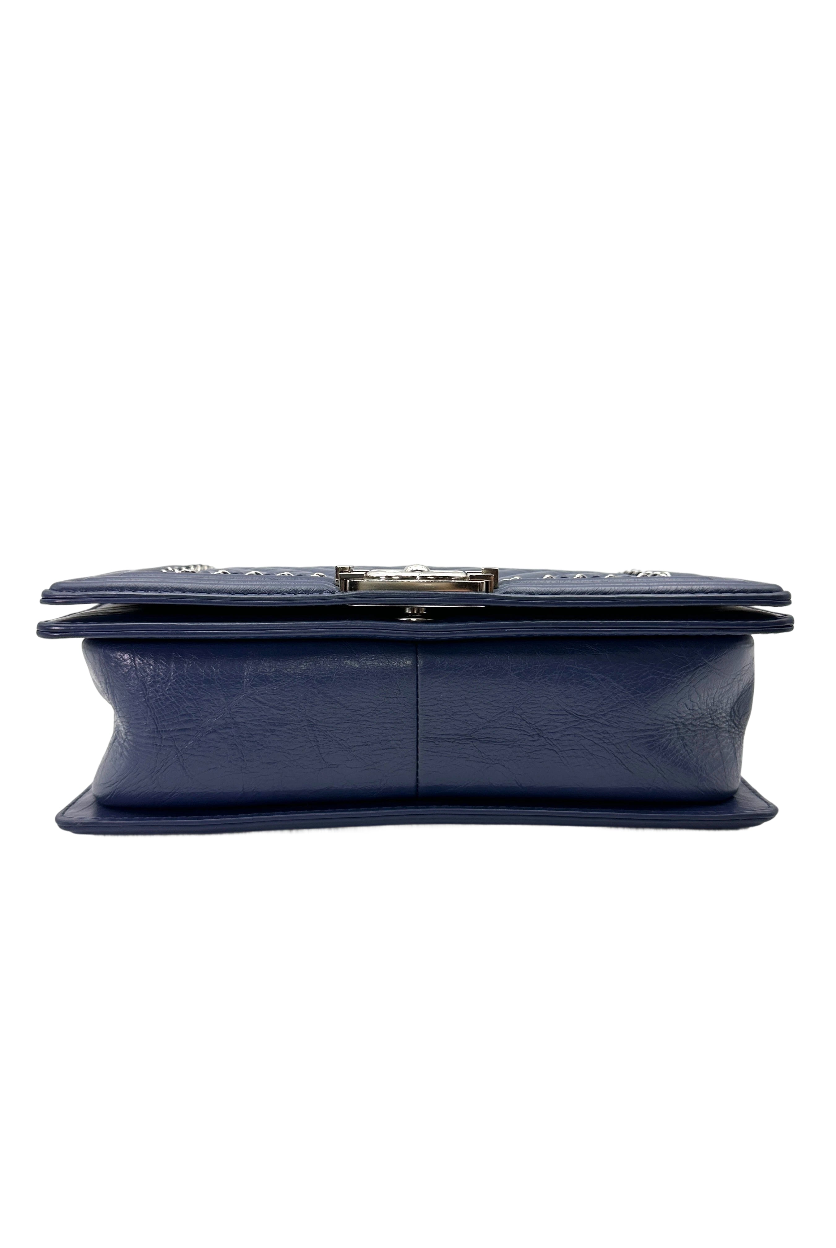 Chanel LeBoy Blue Chevron Quilted Leather Flap Bag With Gold Buckle(24***04)CC2016