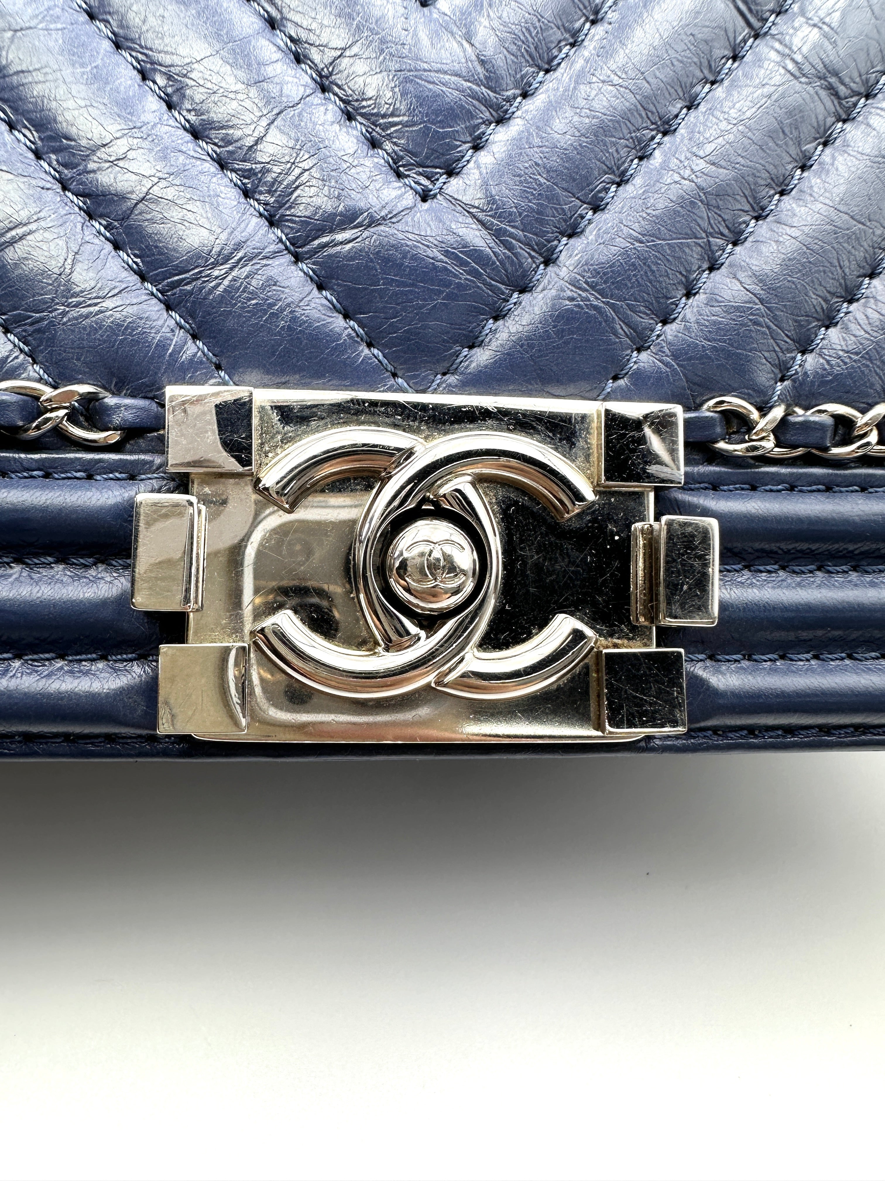 Chanel LeBoy Blue Chevron Quilted Leather Flap Bag With Gold Buckle(24***04)CC2016