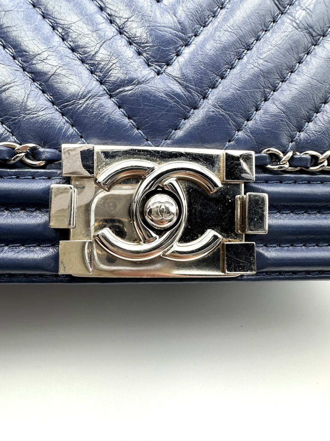 Chanel LeBoy Blue Chevron Quilted Leather Flap Bag With Gold Buckle(24***04)CC2016