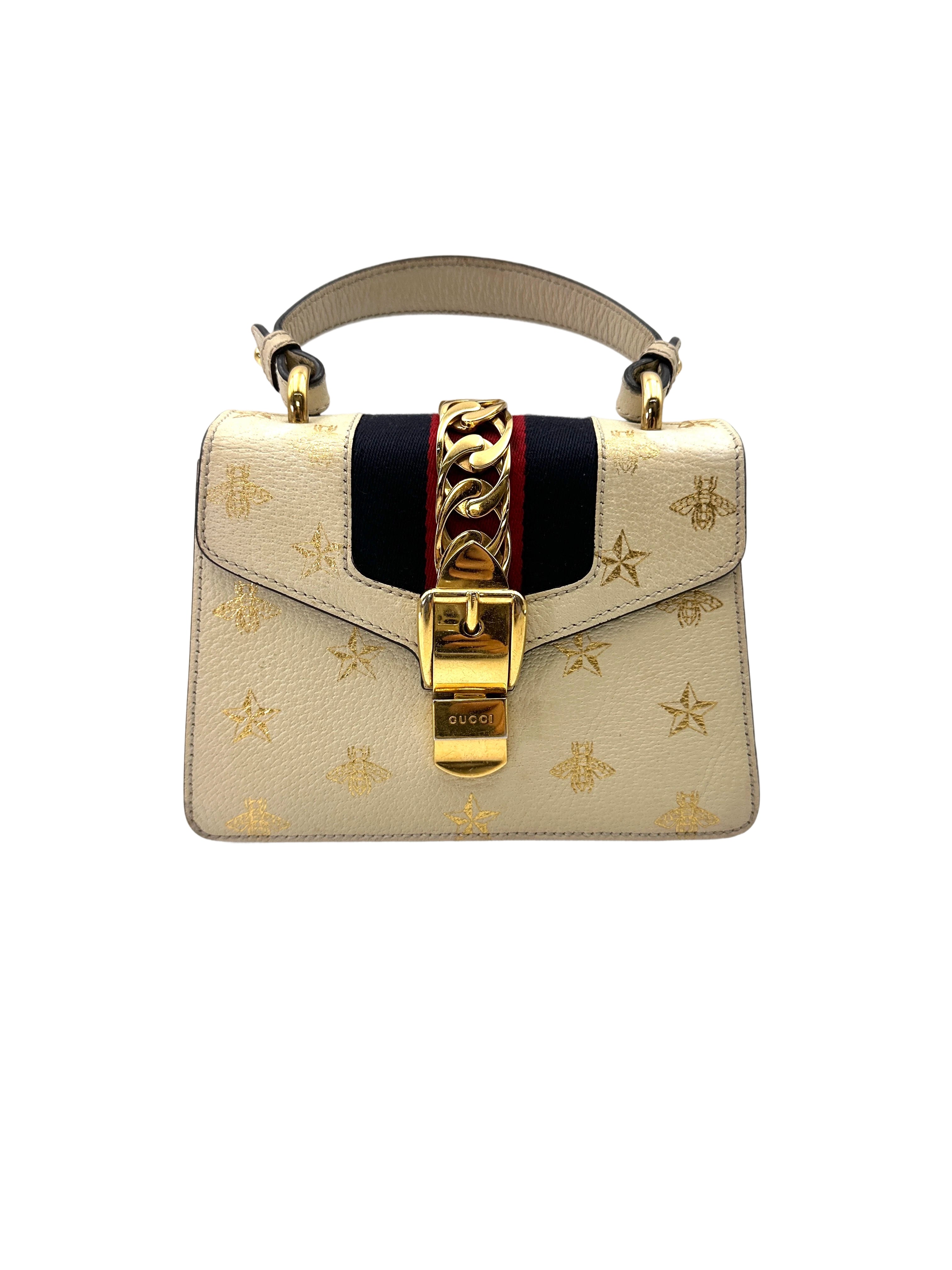 Gucci Sylvie Bee Star White Leather Medium Size Shoulder Bag GG1108