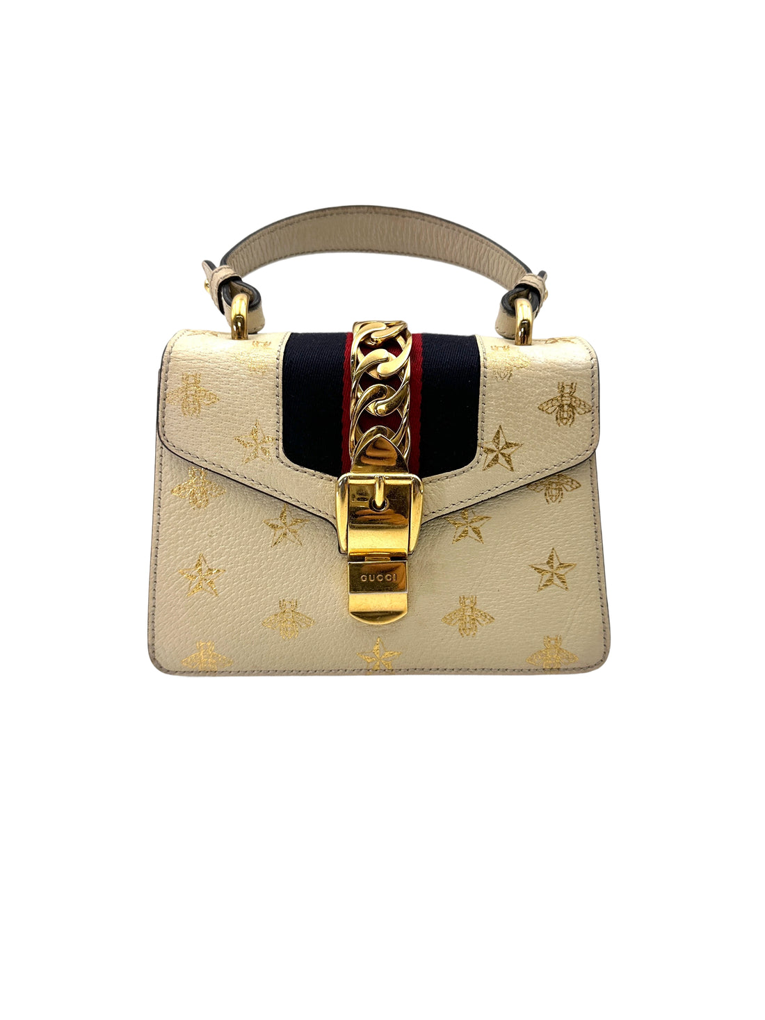Gucci Sylvie Bee Star White Leather Medium Size Shoulder Bag GG1108