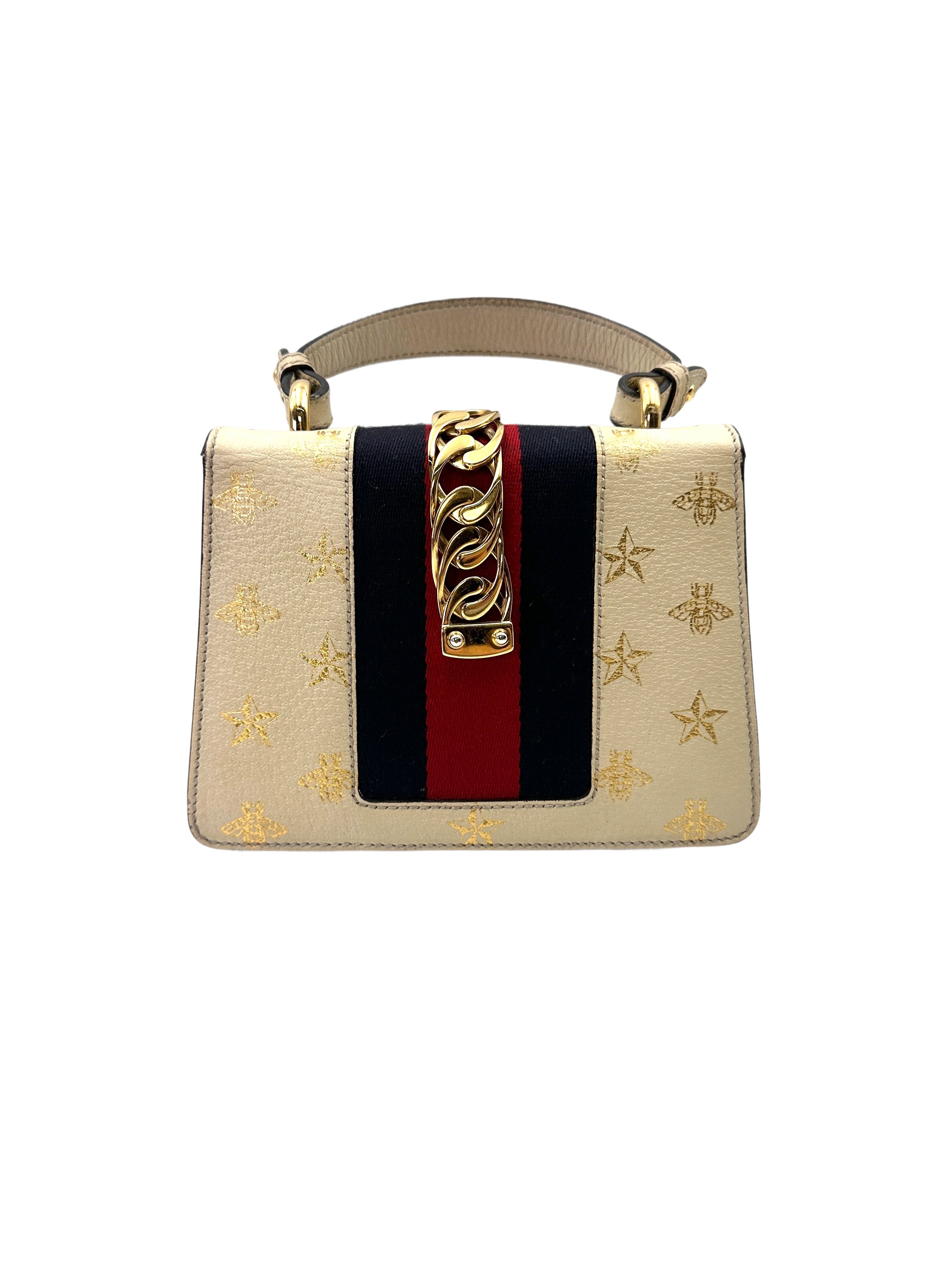 Gucci Sylvie Bee Star White Leather Medium Size Shoulder Bag GG1108