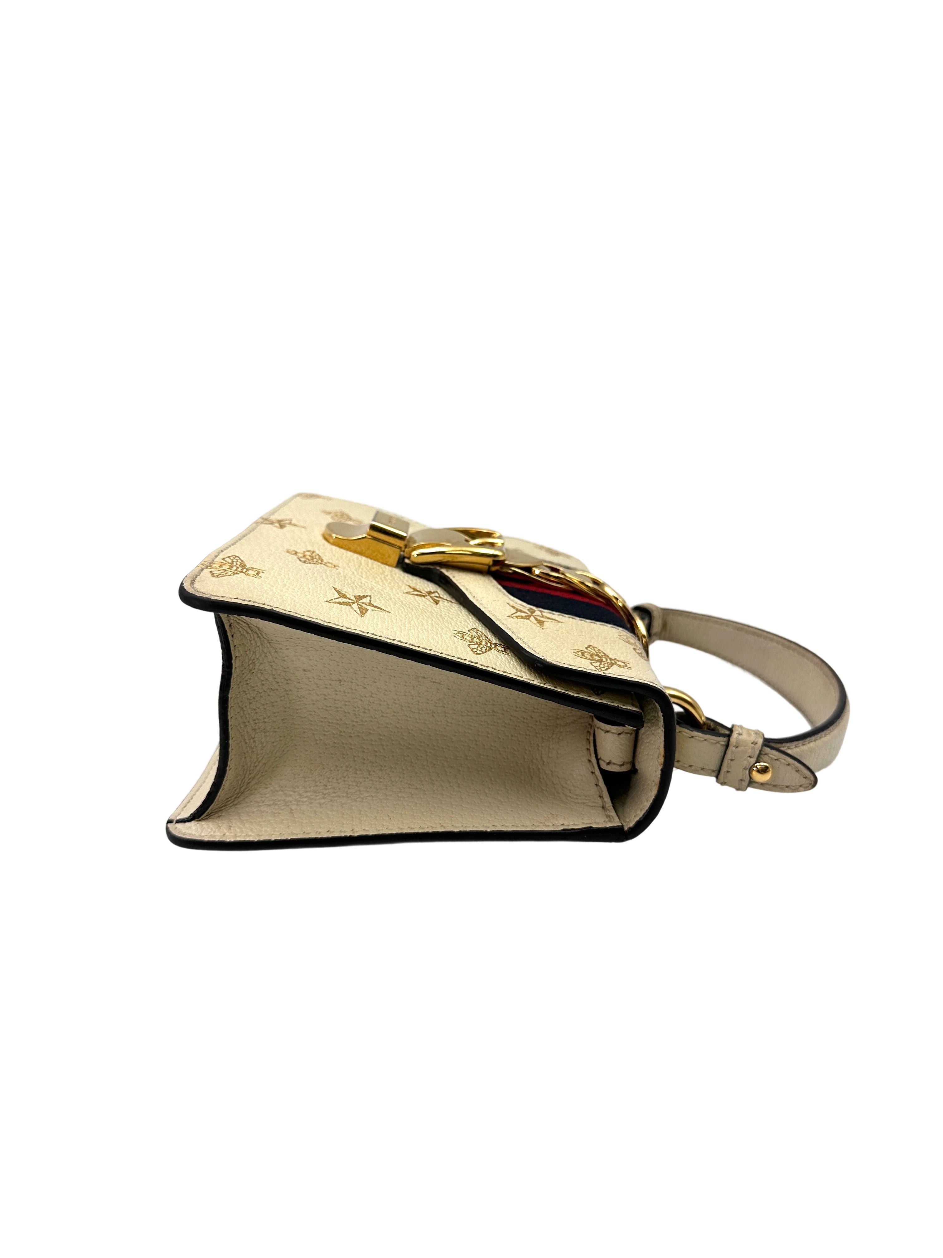 Gucci Sylvie Bee Star White Leather Medium Size Shoulder Bag GG1108