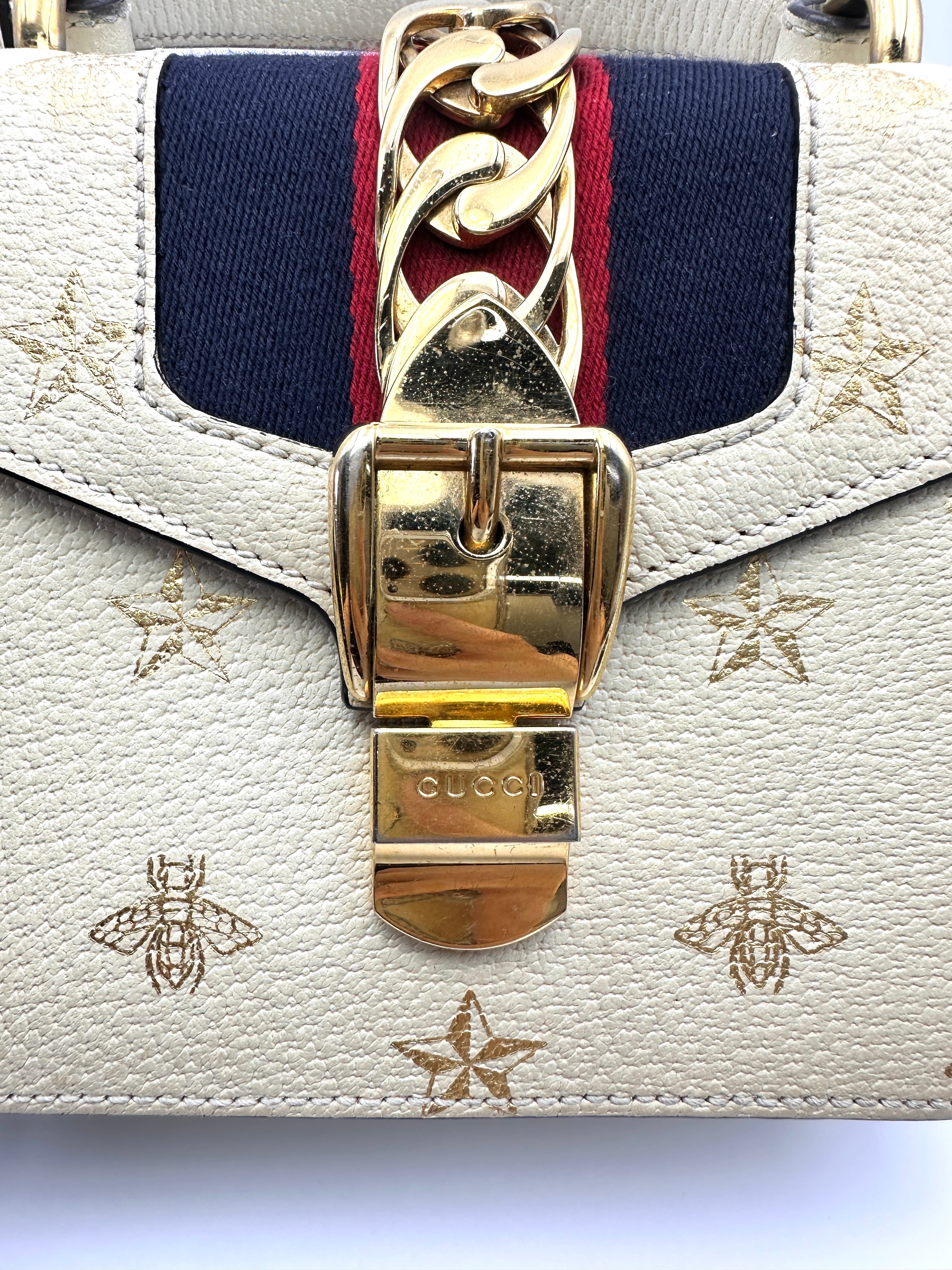 Gucci Sylvie Bee Star White Leather Medium Size Shoulder Bag GG1108