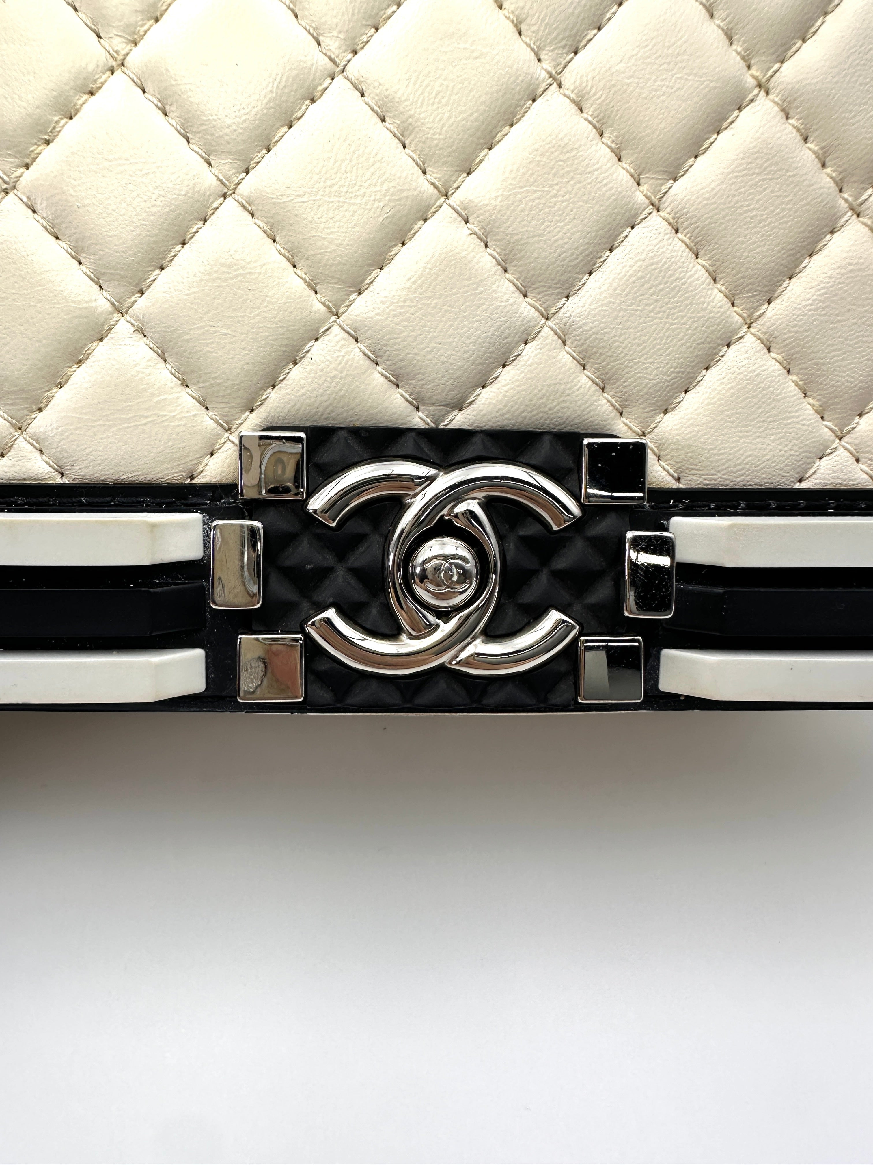 Chanel LeBoy Black/White Quilted Leather Flap Bag With Silver Buckle(24***79)CC2022