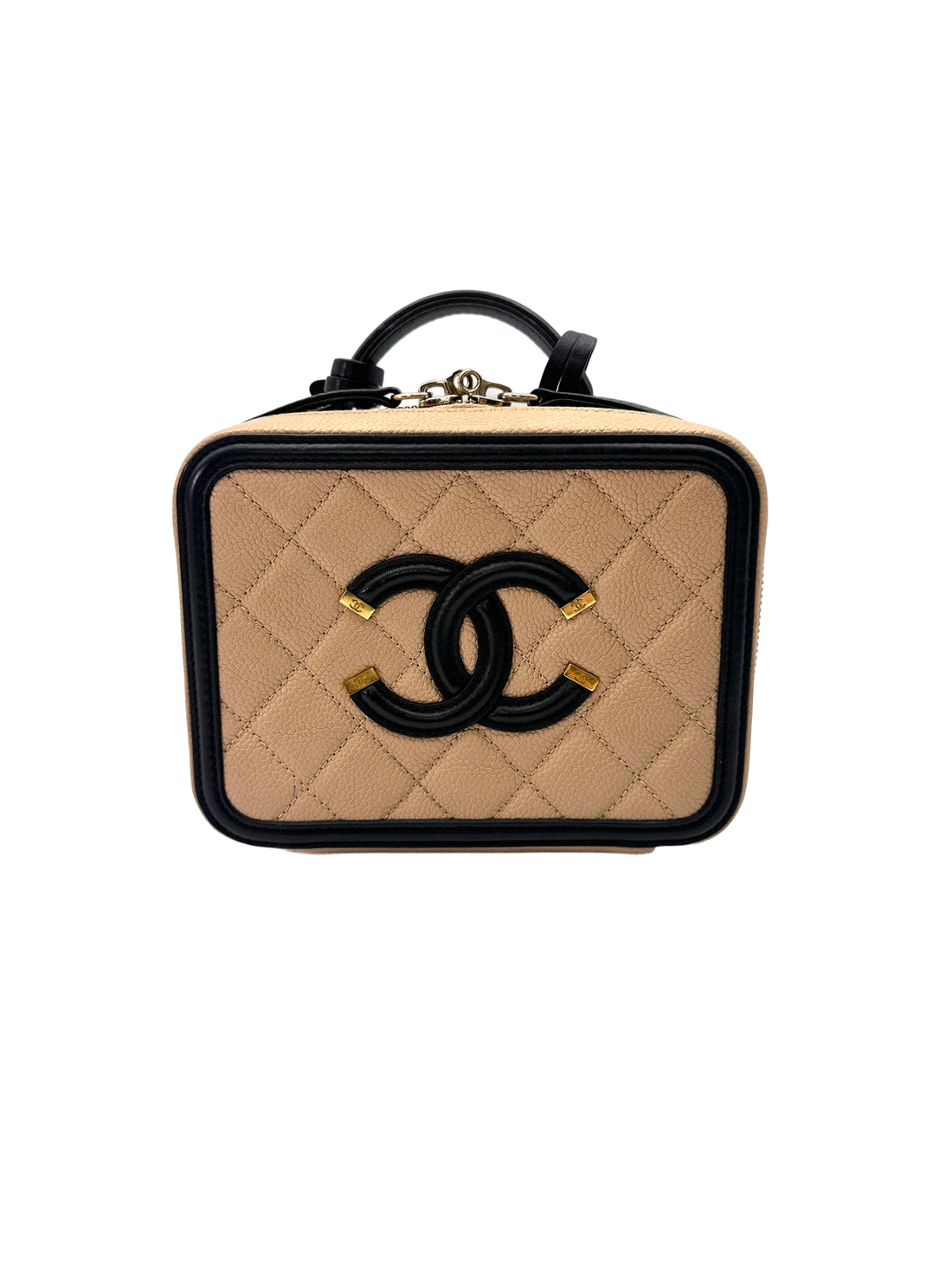 Chanel CC Filigree Beige/Black Quilted Leather Small Size Vanity Case(22***15) CC2026