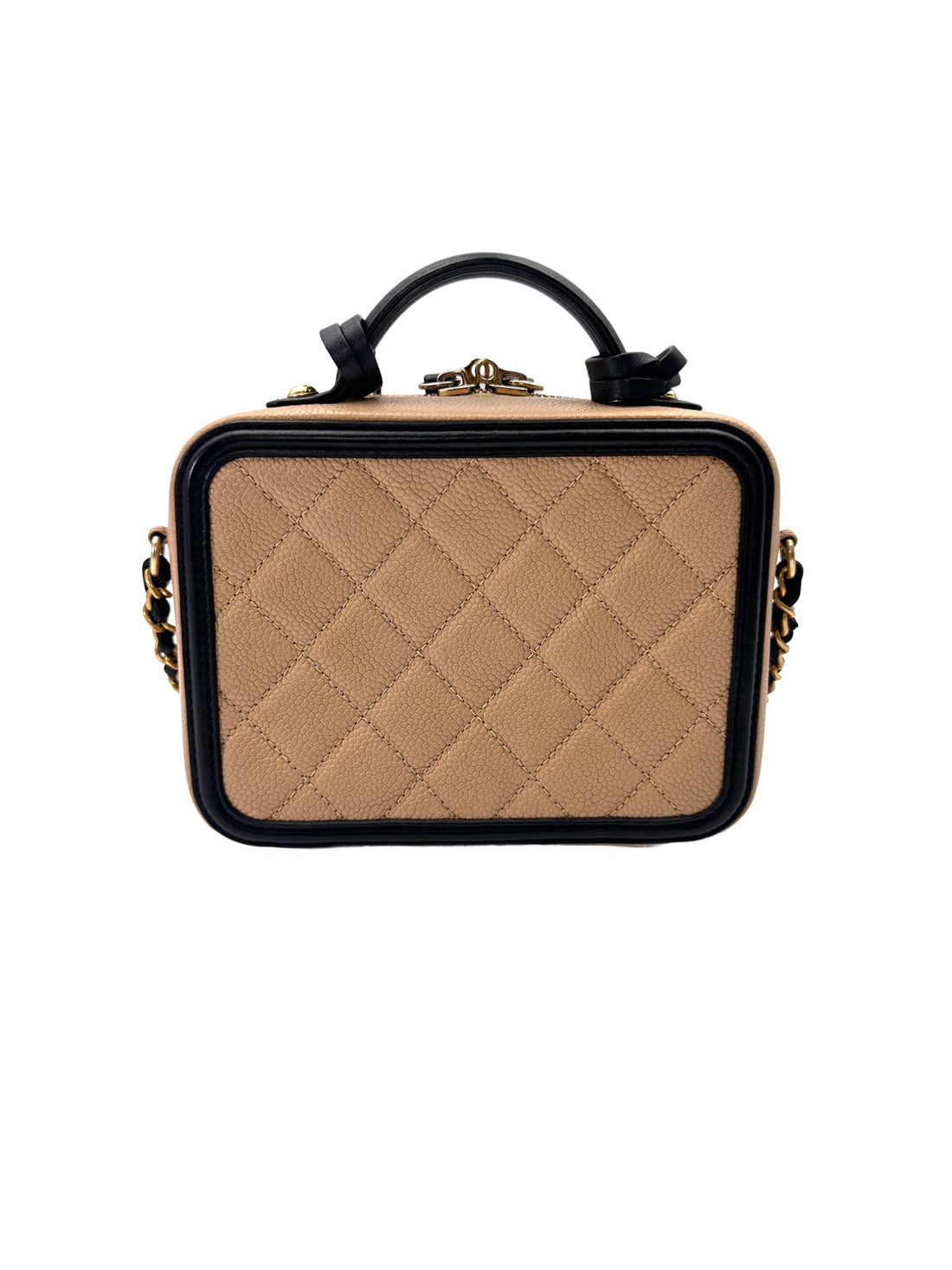 Chanel CC Filigree Beige/Black Quilted Leather Small Size Vanity Case(22***15) CC2026