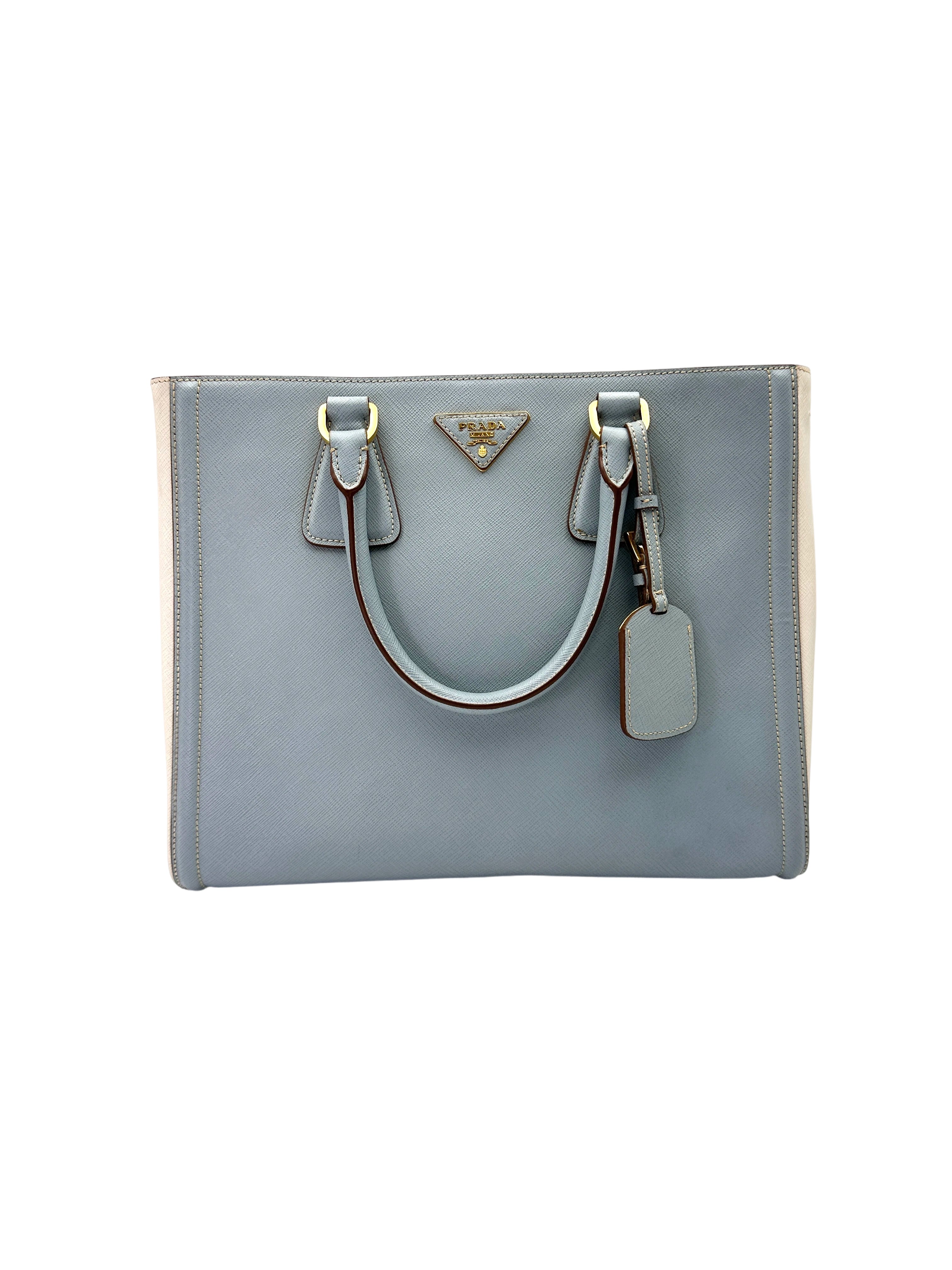 Prada Galleria Blue/White Saffiano Leather Medium Size Handle Bag PR386