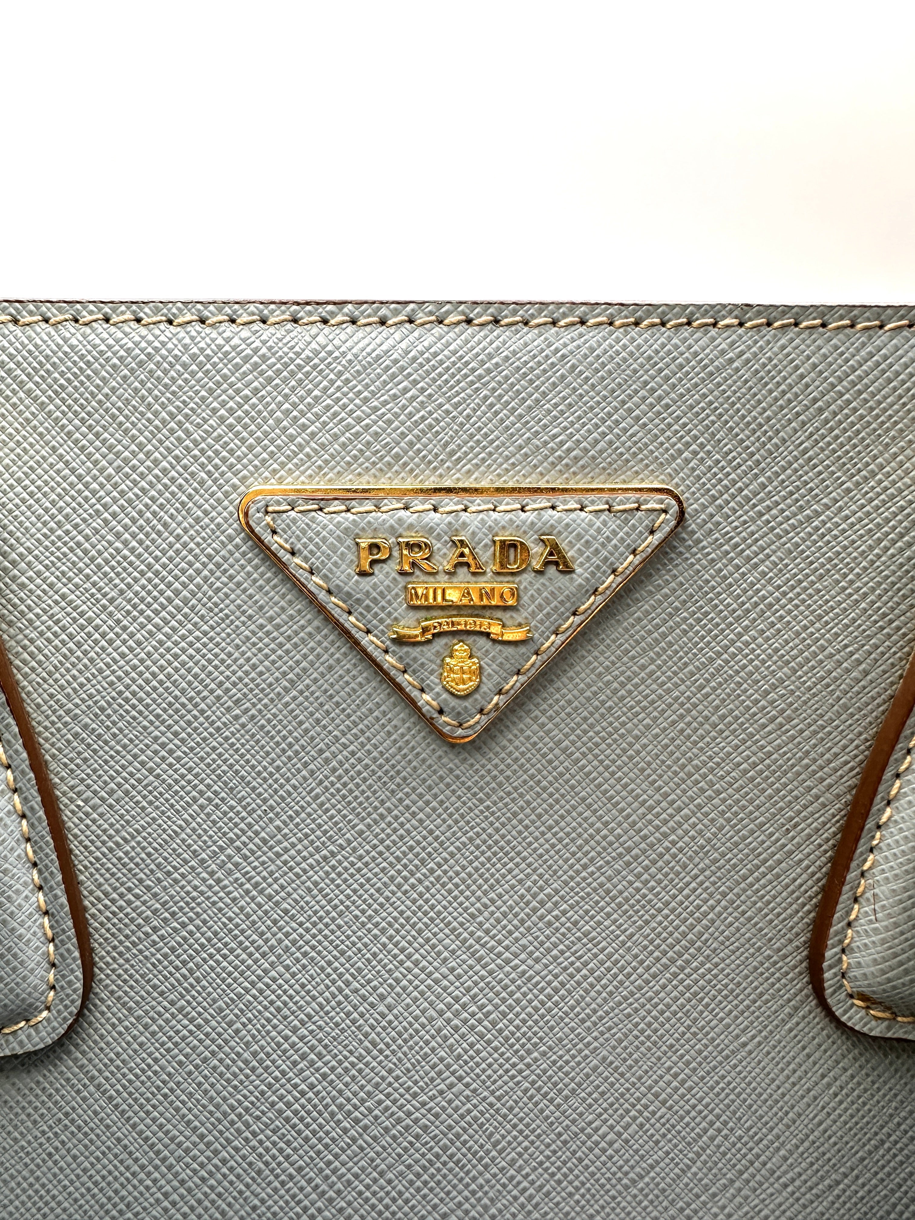 Prada Galleria Blue/White Saffiano Leather Medium Size Handle Bag PR386