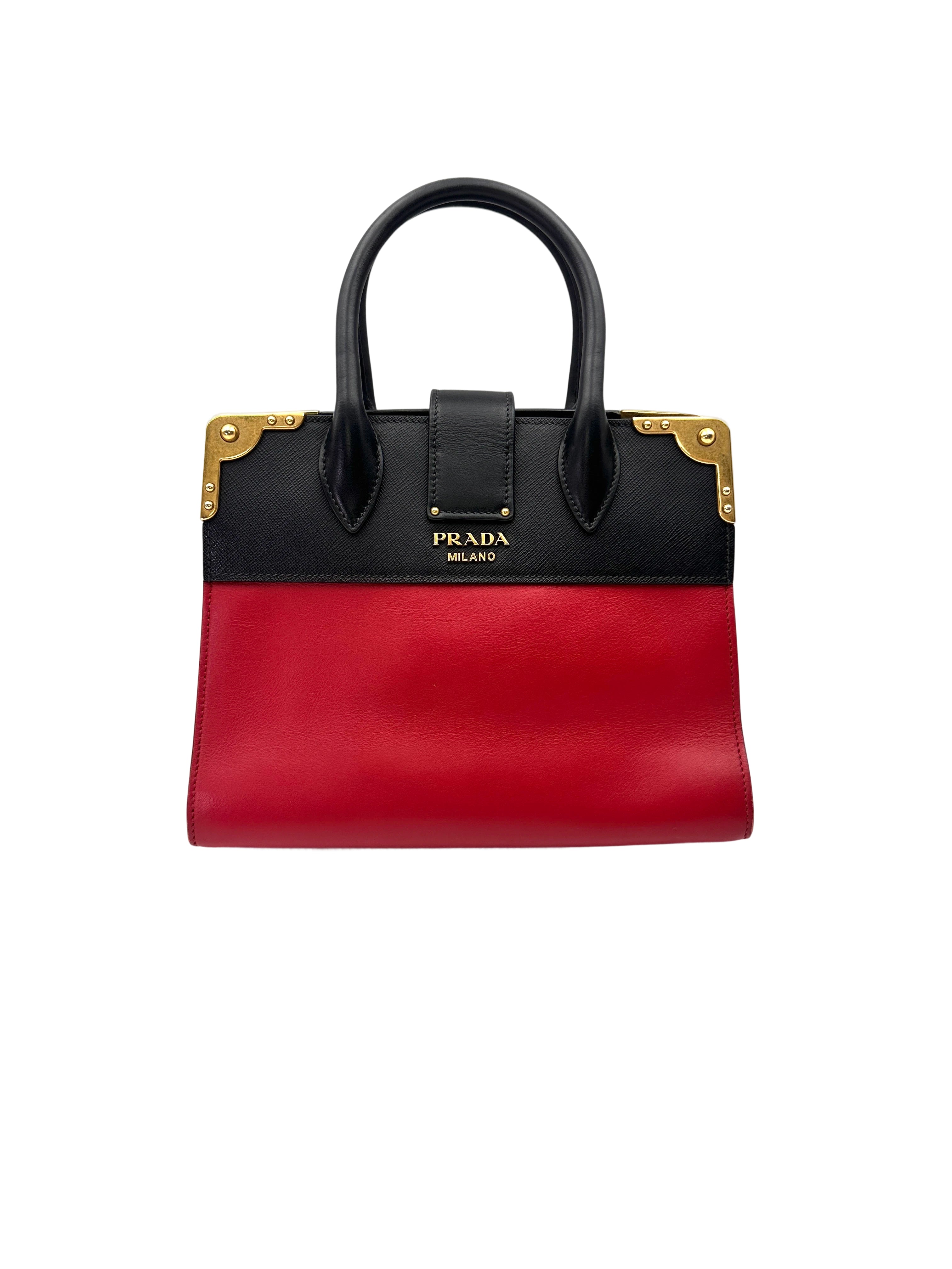 Prada Esplanade Black/Red Saffiano Leather Small Size Handle Bag PR390