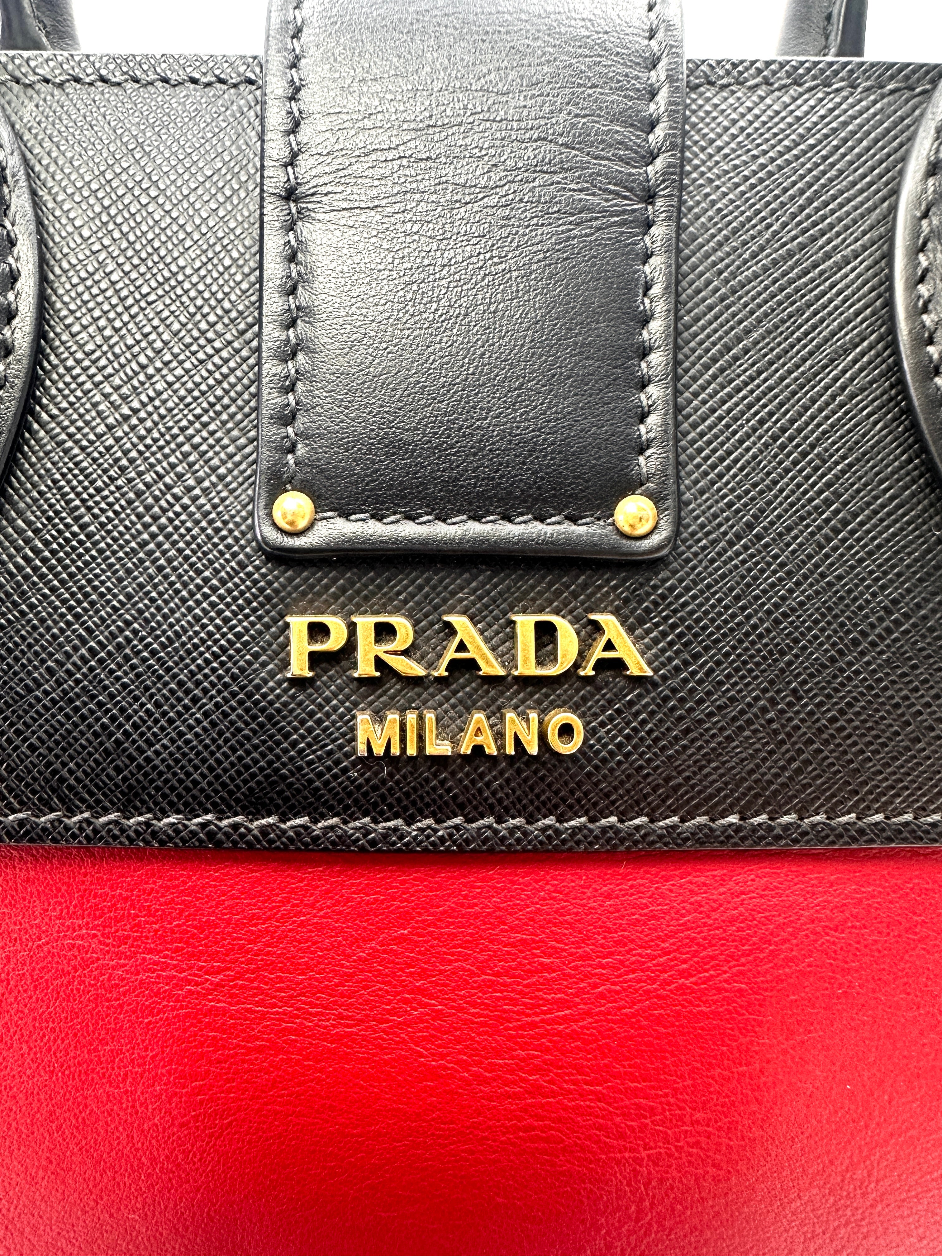 Prada Esplanade Black/Red Saffiano Leather Small Size Handle Bag PR390