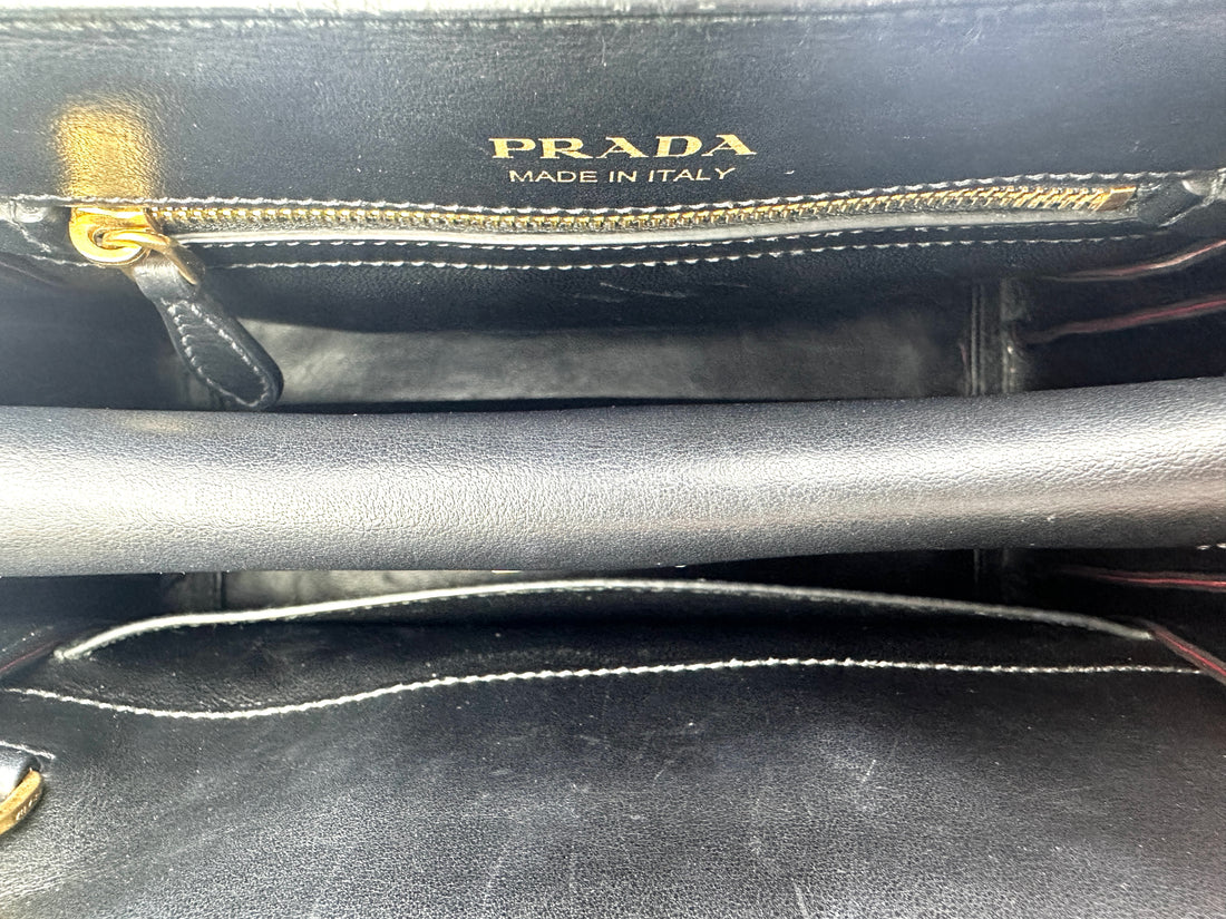 Prada Esplanade Black/Red Saffiano Leather Small Size Handle Bag PR390