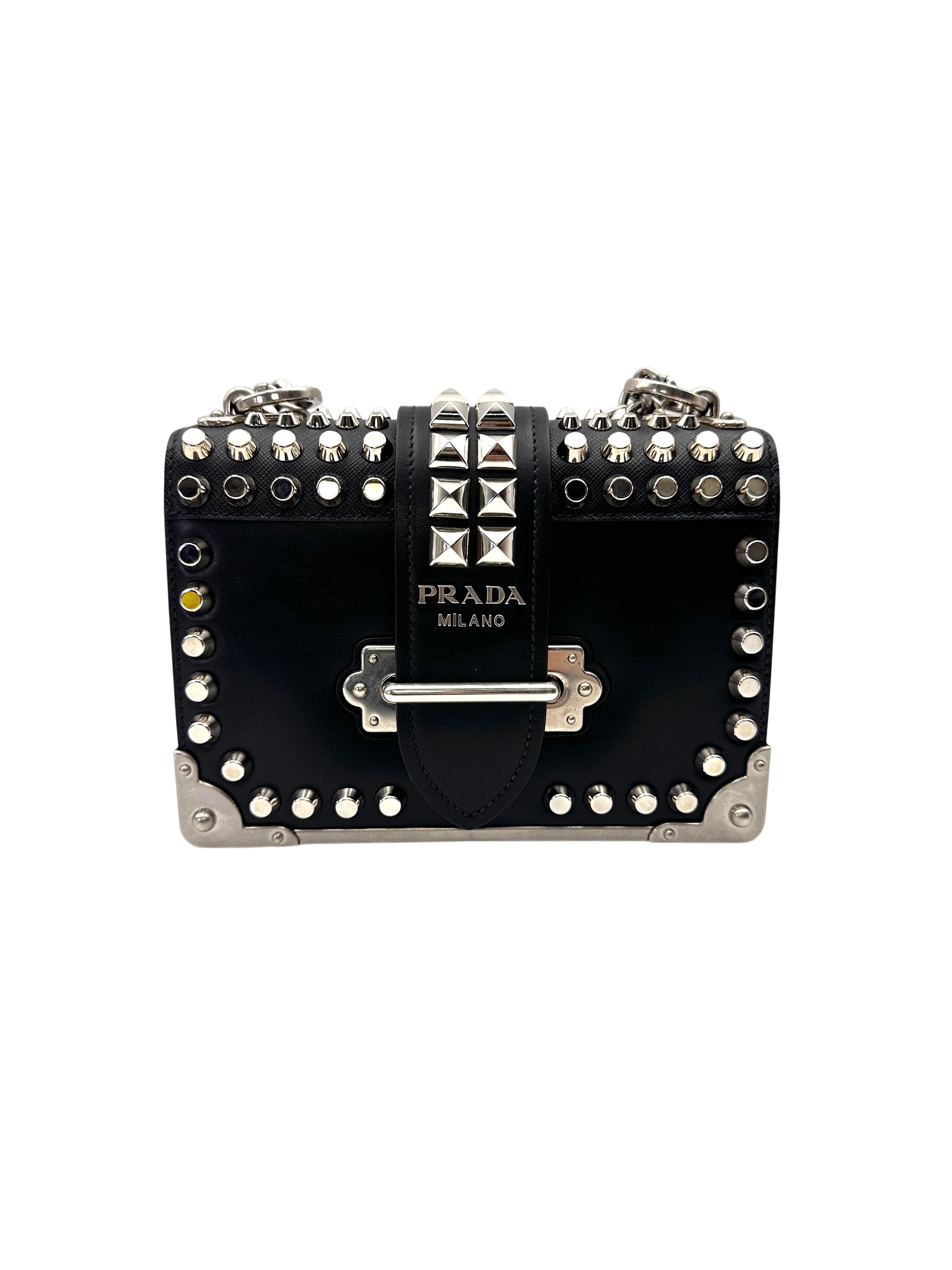 Prada Cahier Black Leather Studded Shoulder Bag PR393
