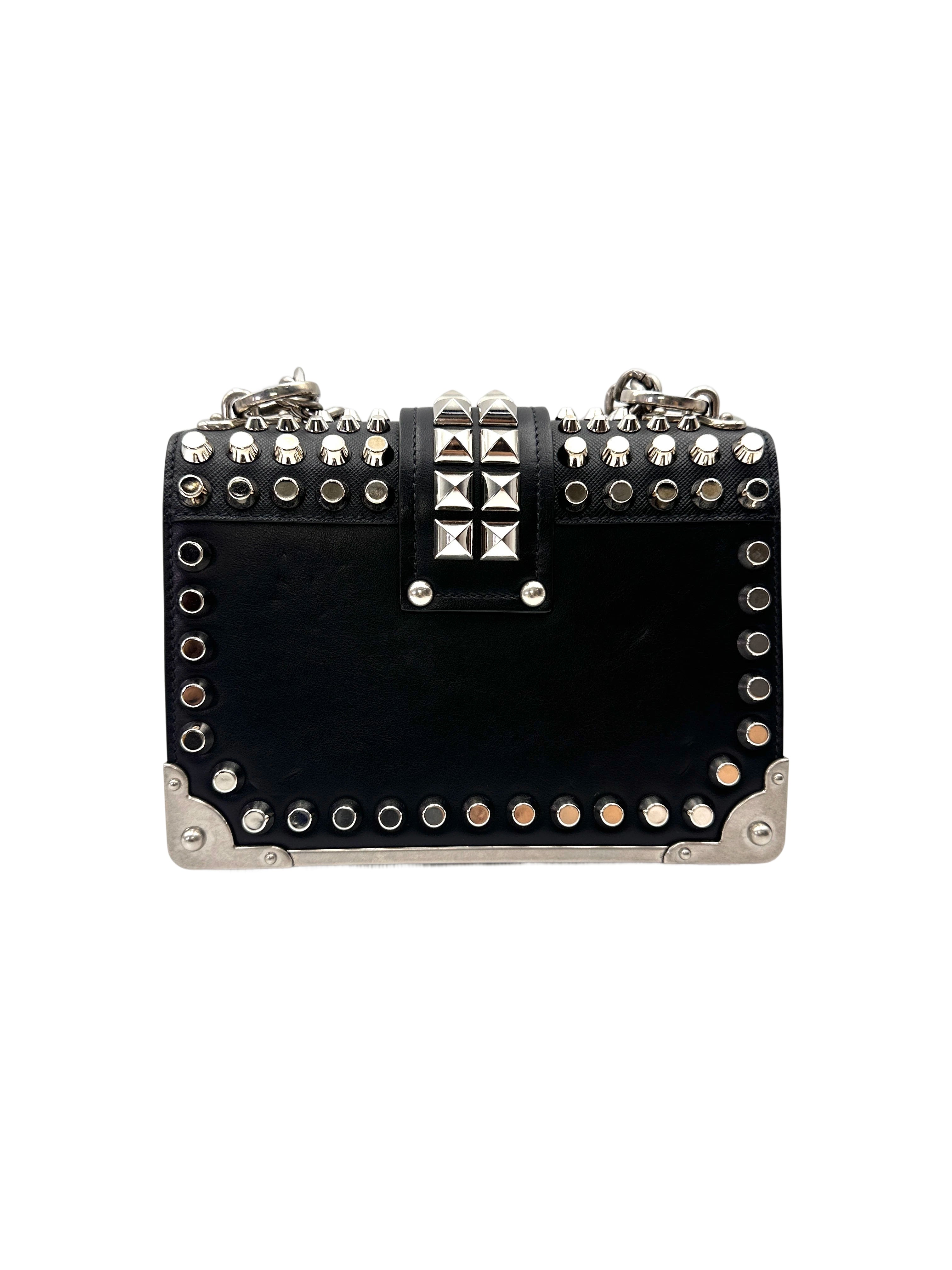 Prada Cahier Black Leather Studded Shoulder Bag PR393