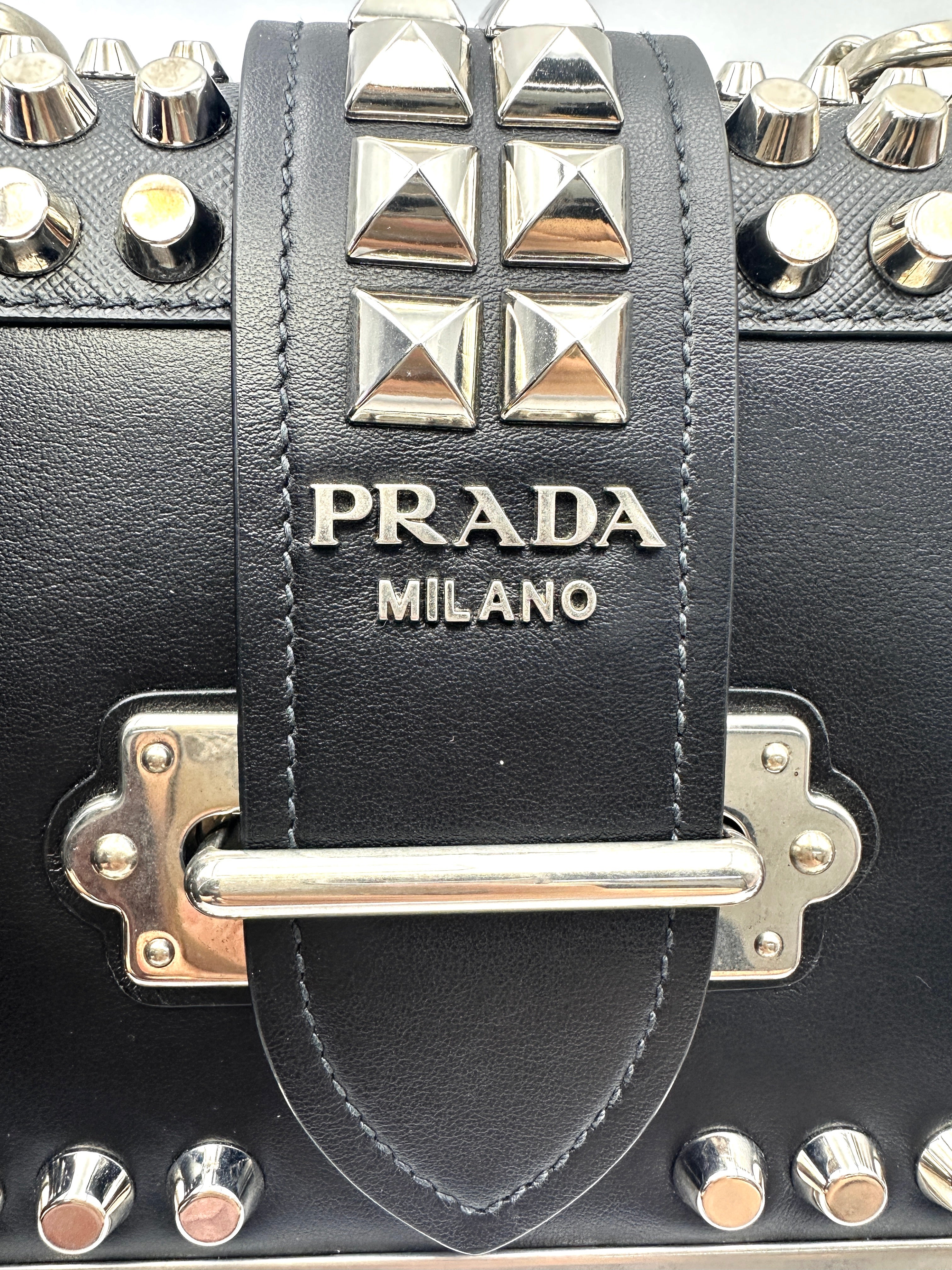 Prada Cahier Black Leather Studded Shoulder Bag PR393