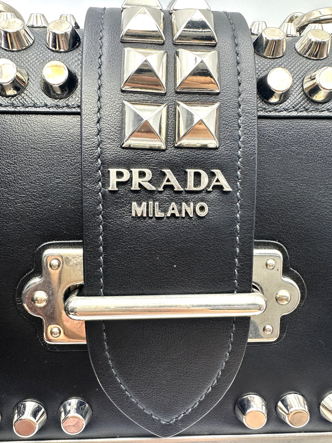 Prada Cahier Black Leather Studded Shoulder Bag PR393
