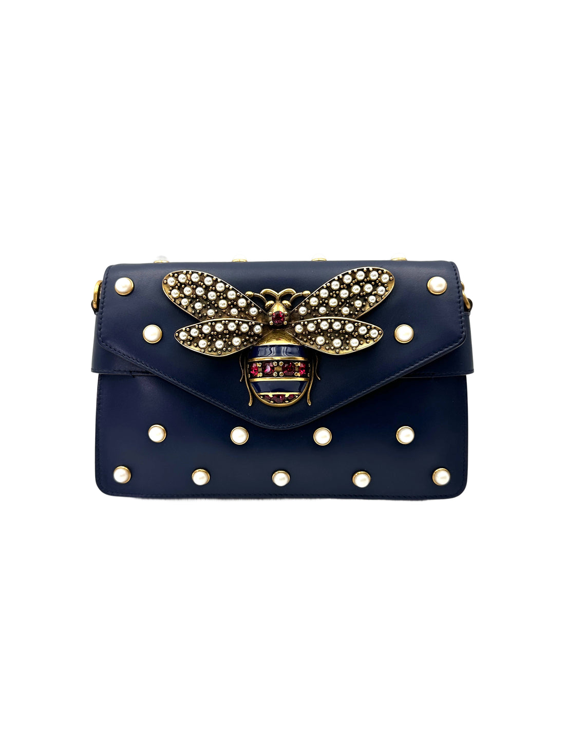 Gucci Queen Margaret Broadway Bee Black Leather Pearl Studded Shoulder Bag GG1112