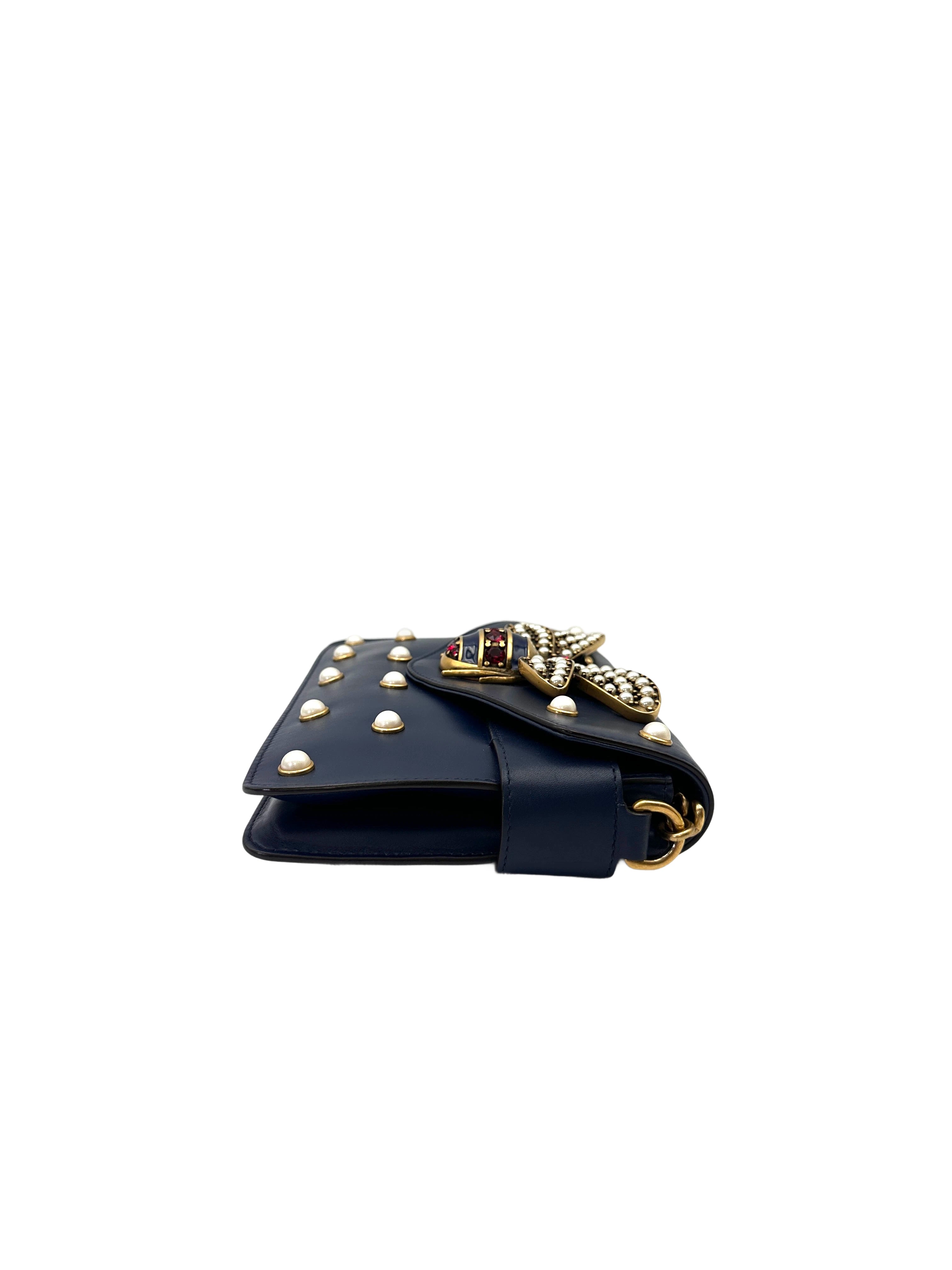 Gucci Queen Margaret Broadway Bee Black Leather Pearl Studded Shoulder Bag GG1112
