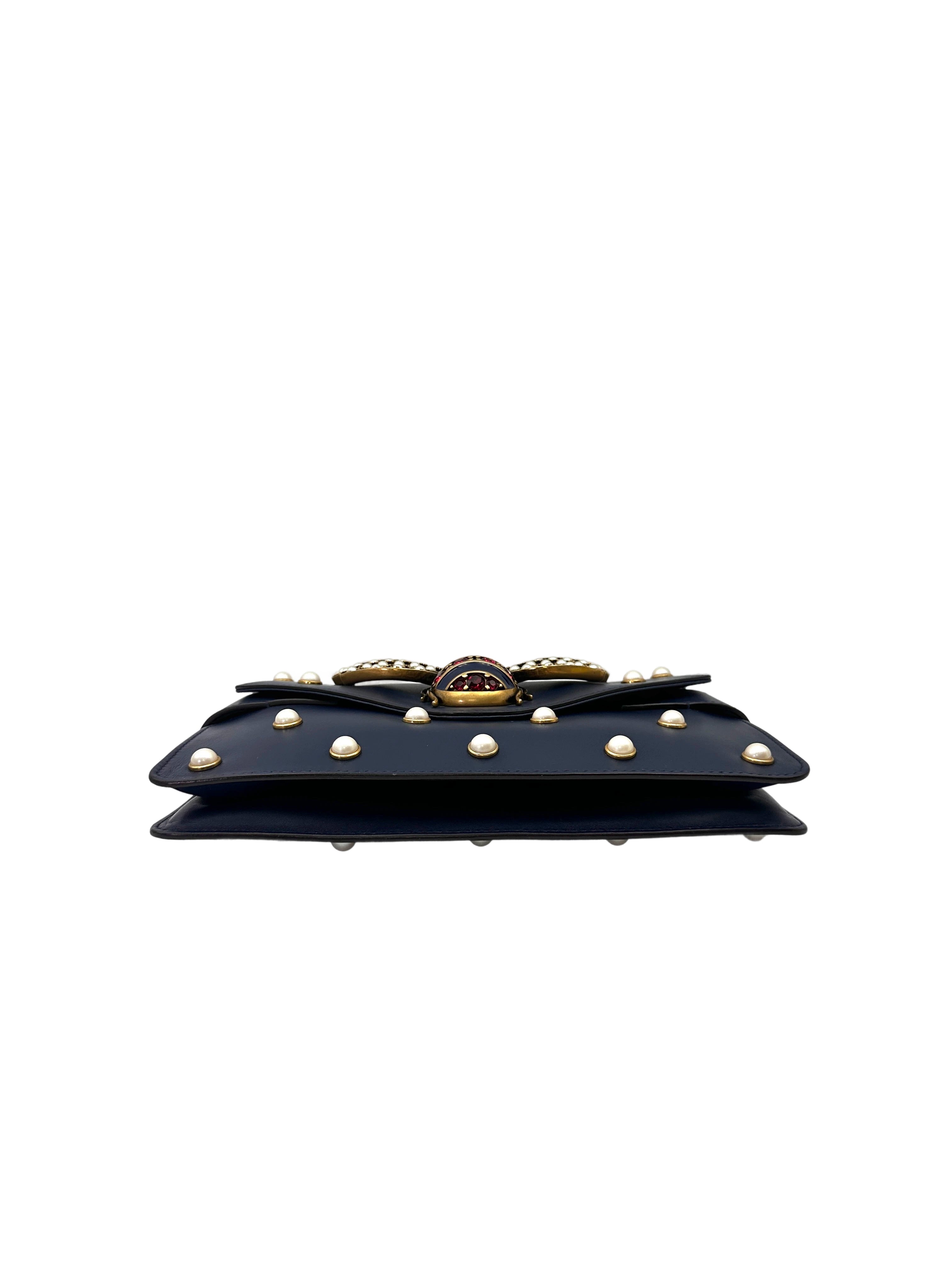 Gucci Queen Margaret Broadway Bee Black Leather Pearl Studded Shoulder Bag GG1112