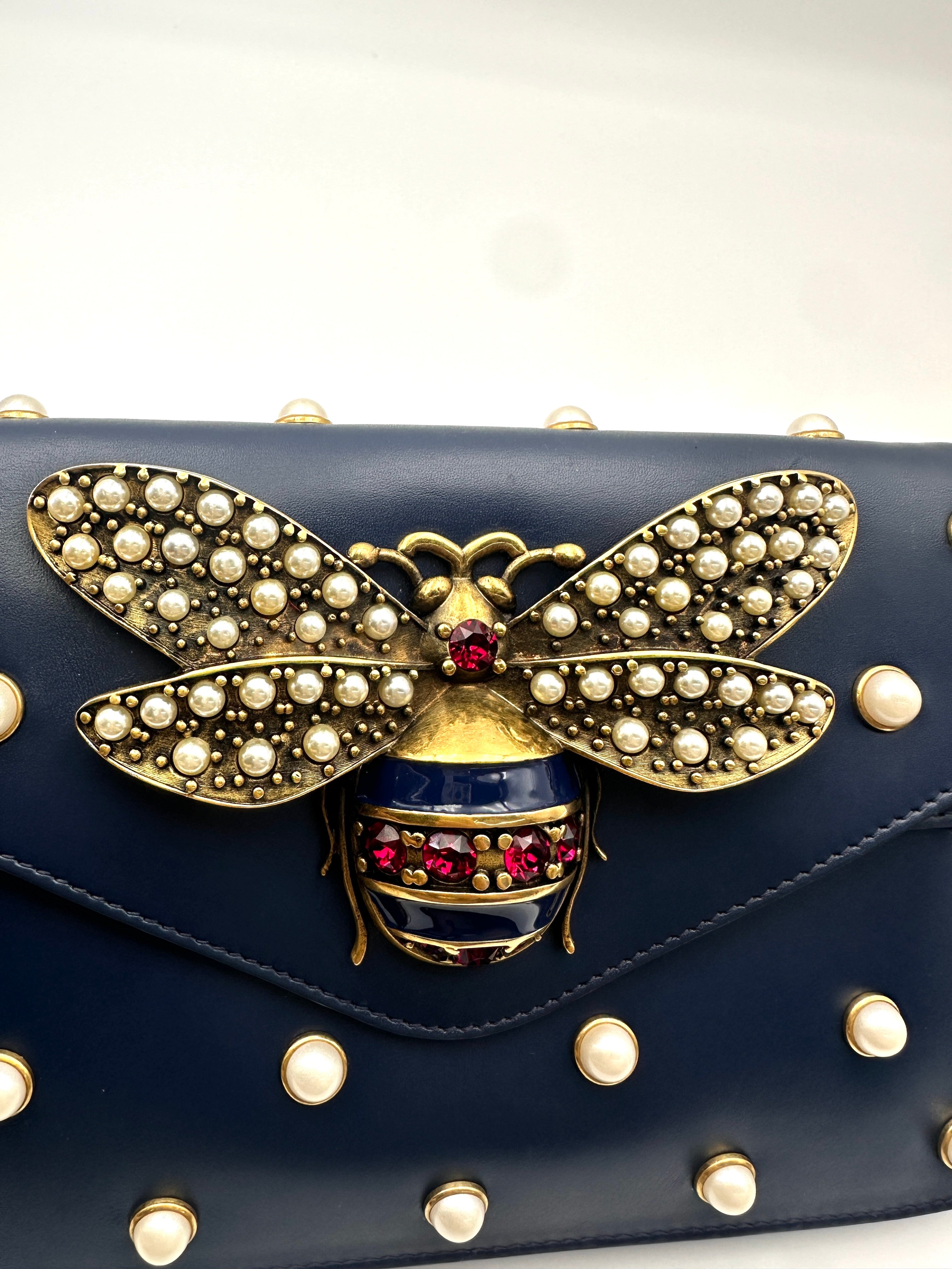 Gucci Queen Margaret Broadway Bee Black Leather Pearl Studded Shoulder Bag GG1112