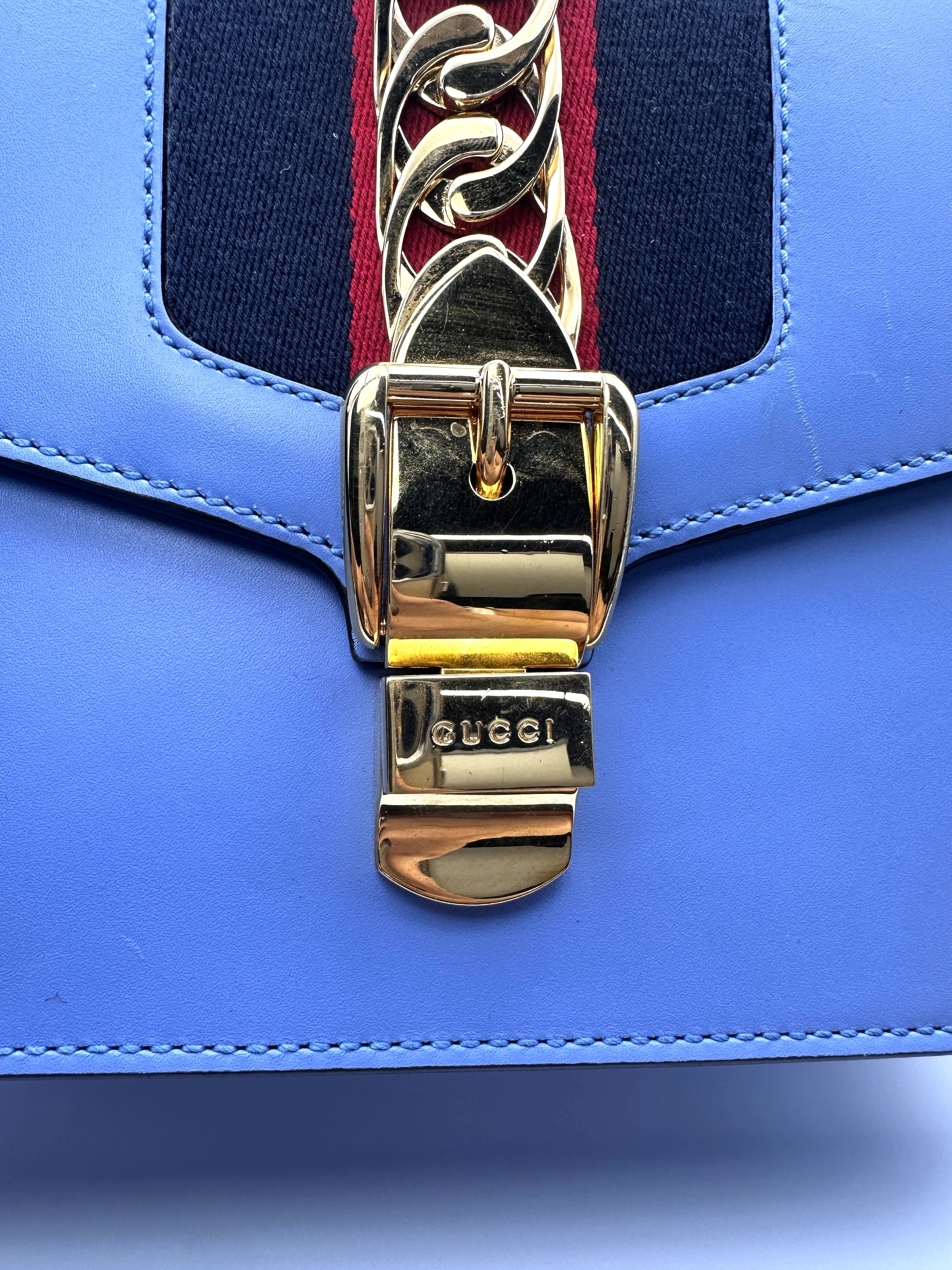 Gucci Sylvie Blue Leather Medium Size Shoulder Bag GG1120
