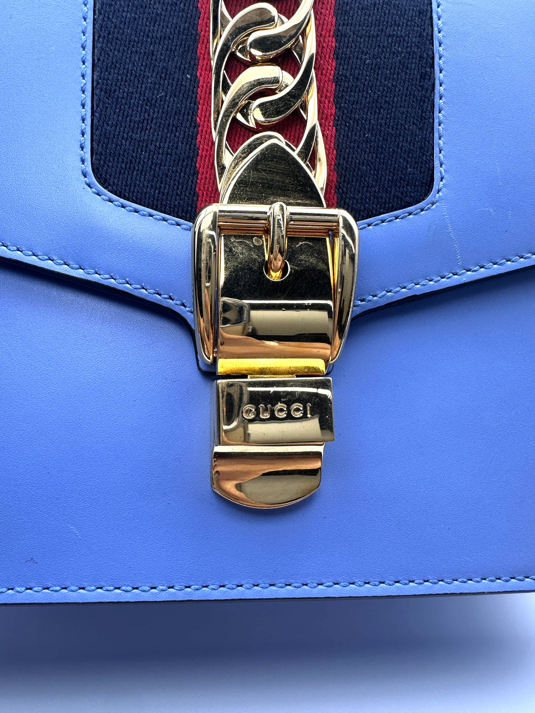 Gucci Sylvie Blue Leather Medium Size Shoulder Bag GG1120