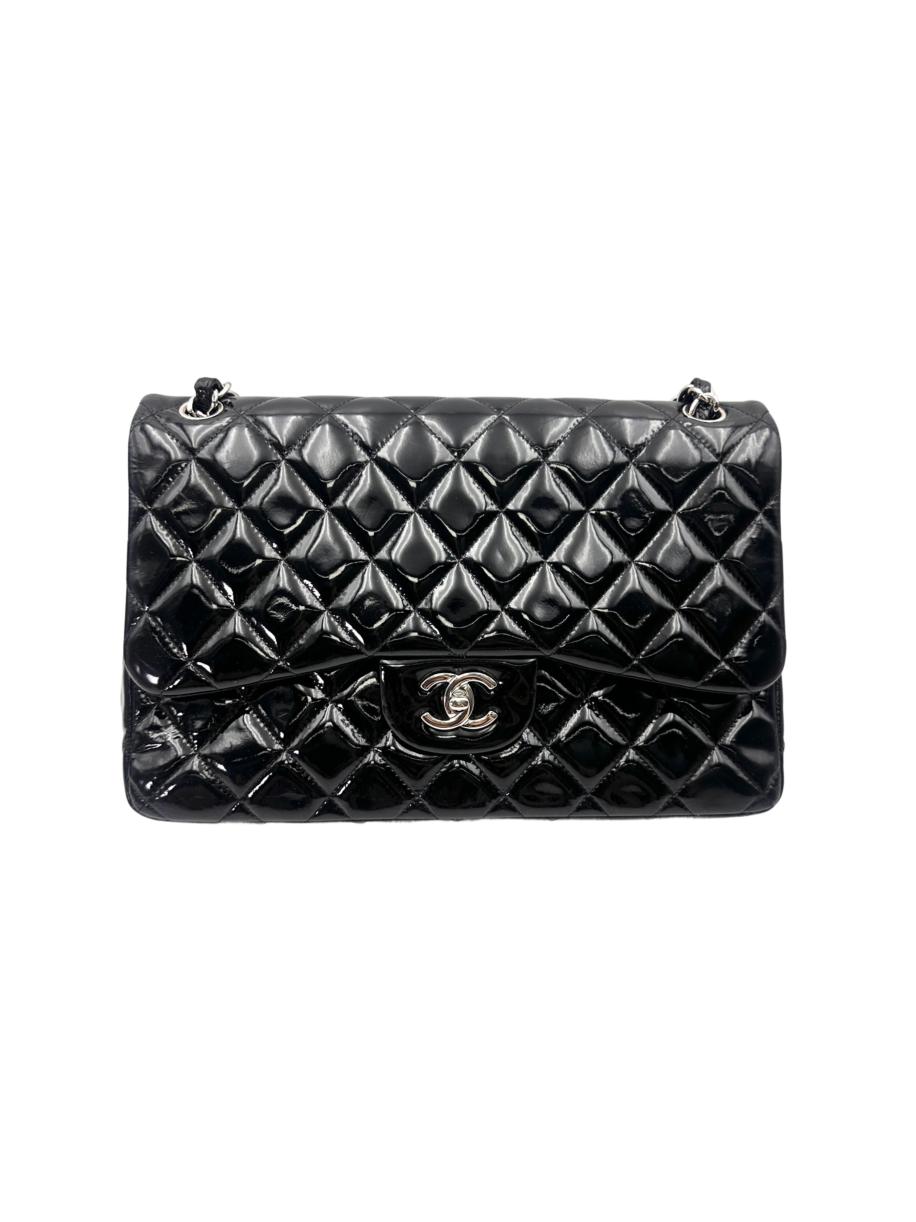 Chanel Classic Flap Black Quilted Patent Leather Jumbo Shoulder Bag With Silver Buckle(19***67) CC2042
