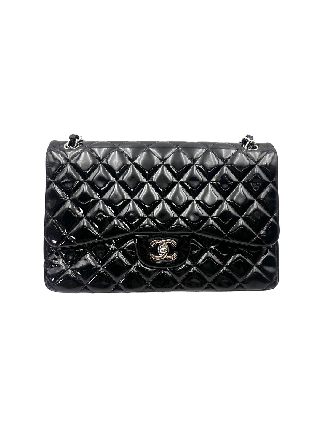 Chanel Classic Flap Black Quilted Patent Leather Jumbo Shoulder Bag With Silver Buckle(19***67) CC2042
