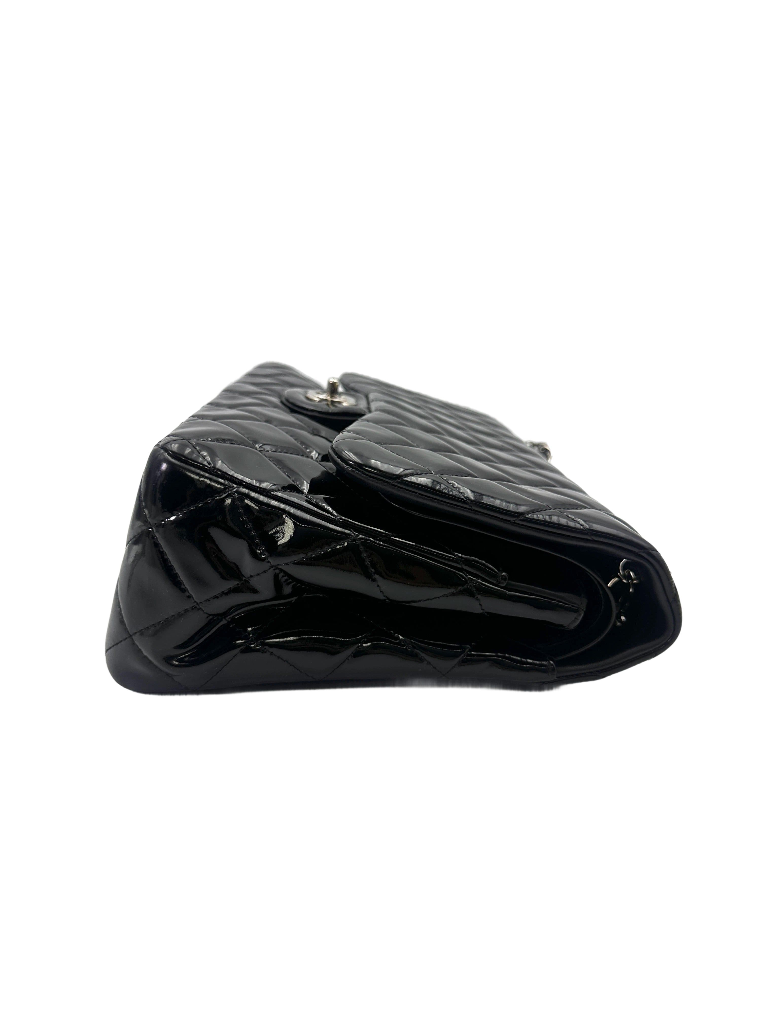 Chanel Classic Flap Black Quilted Patent Leather Jumbo Shoulder Bag With Silver Buckle(19***67) CC2042