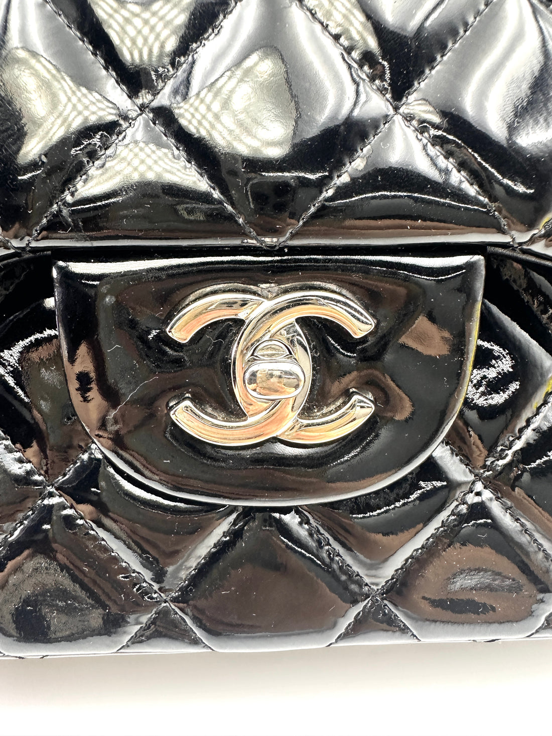 Chanel Classic Flap Black Quilted Patent Leather Jumbo Shoulder Bag With Silver Buckle(19***67) CC2042