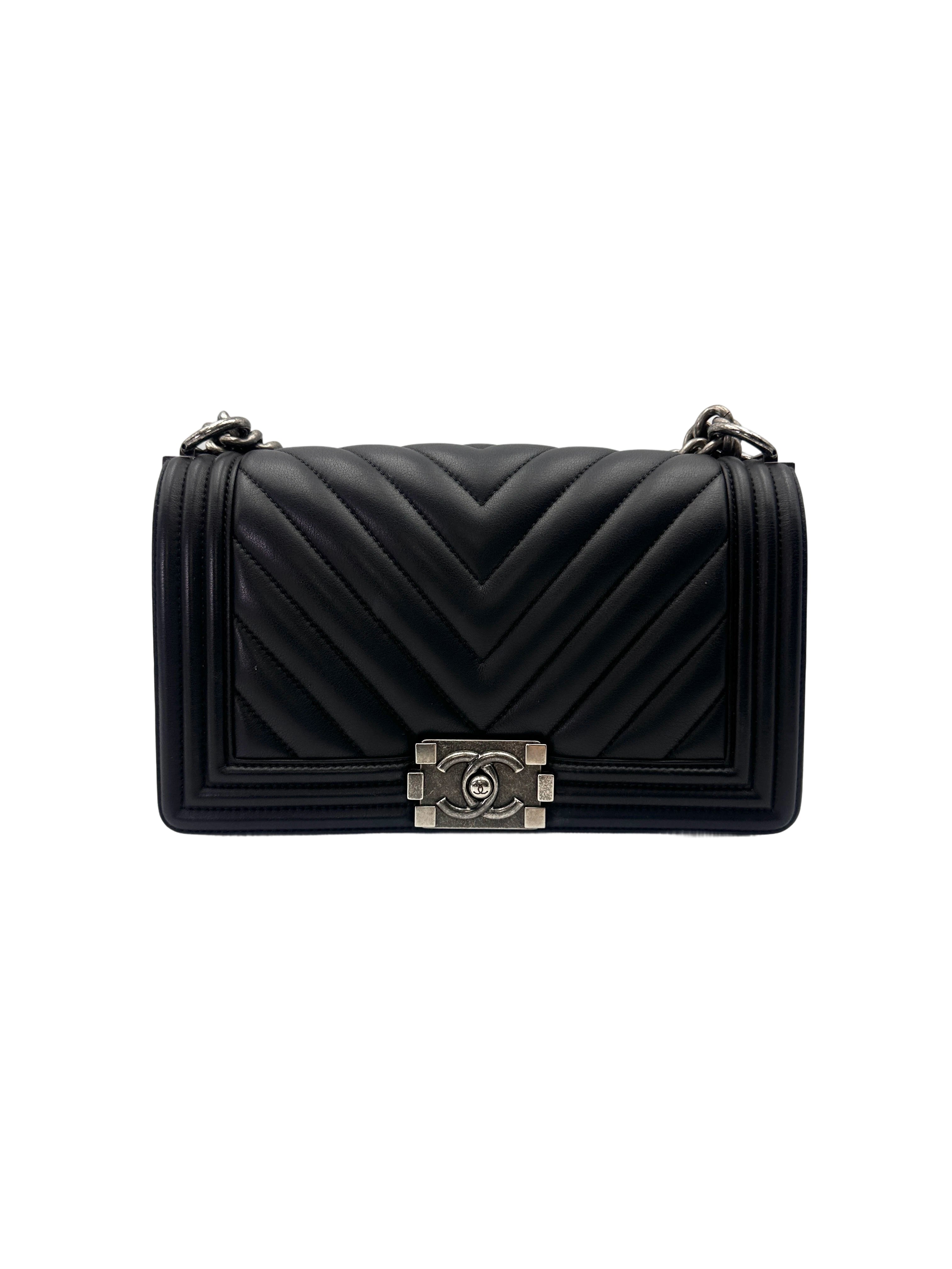 Chanel LeBoy Black Chevron Quilted Leather Medium Size Flap Bag With Silver Buckle(22***62) CC2036