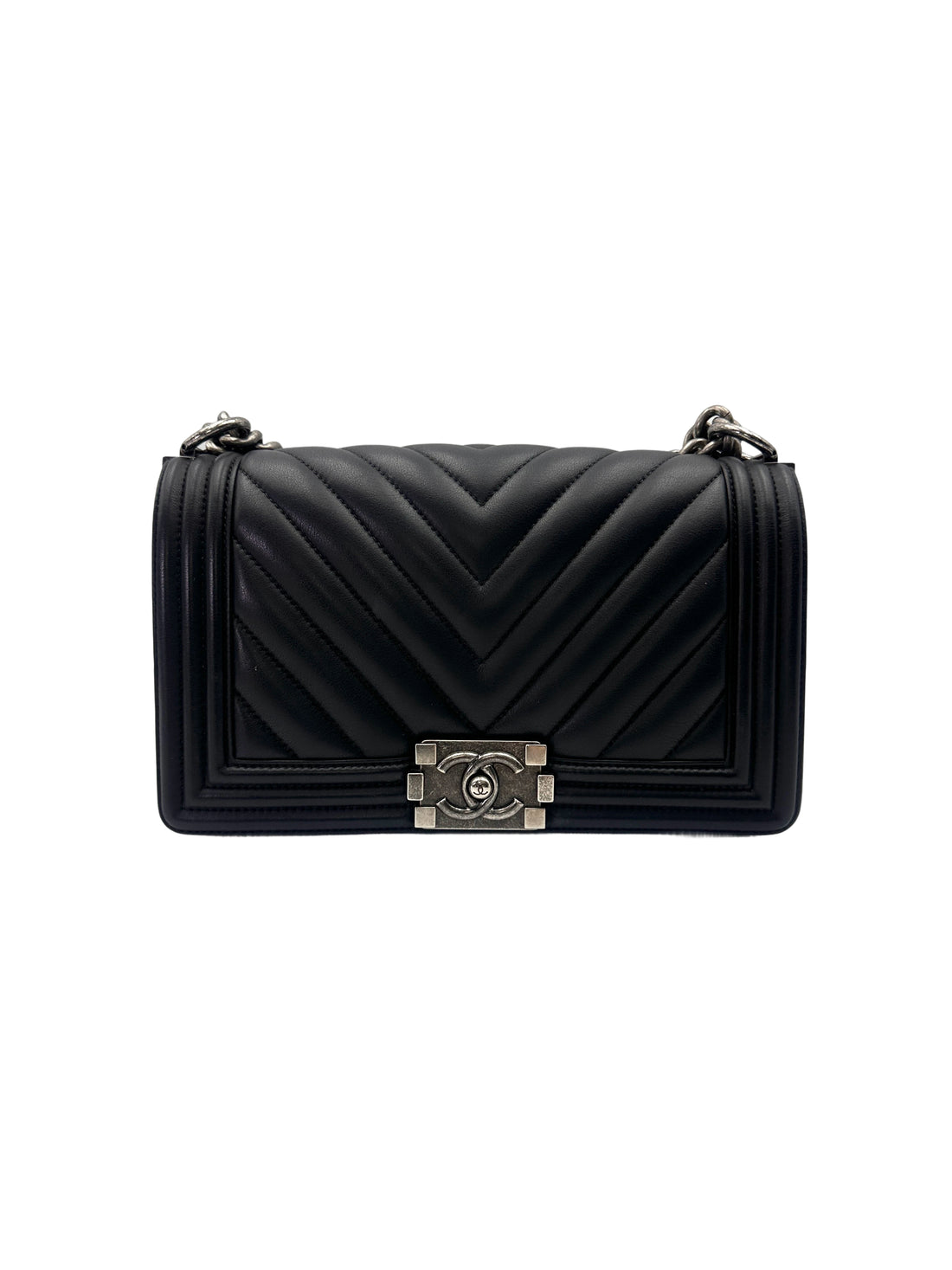 Chanel LeBoy Black Chevron Quilted Leather Medium Size Flap Bag With Silver Buckle(22***62) CC2036
