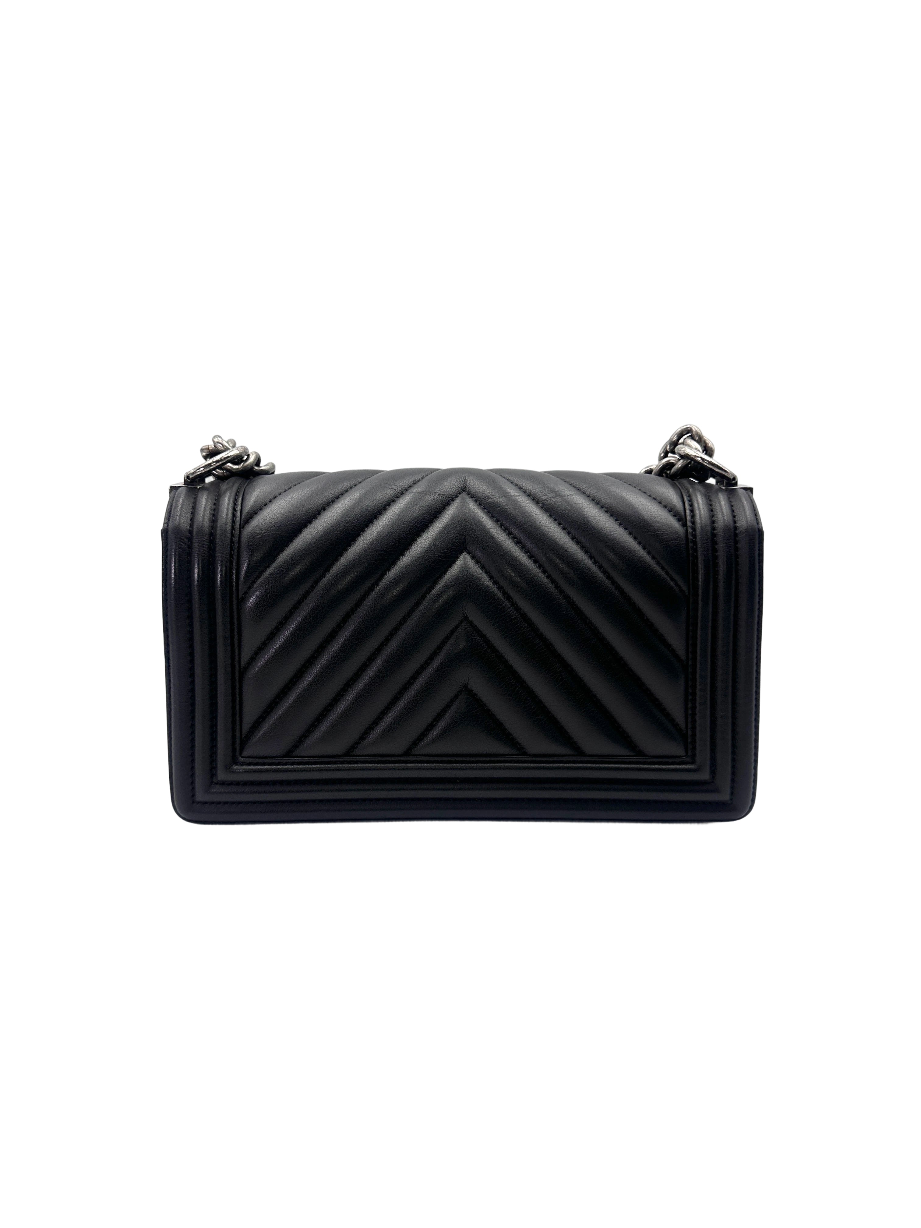 Chanel LeBoy Black Chevron Quilted Leather Medium Size Flap Bag With Silver Buckle(22***62) CC2036