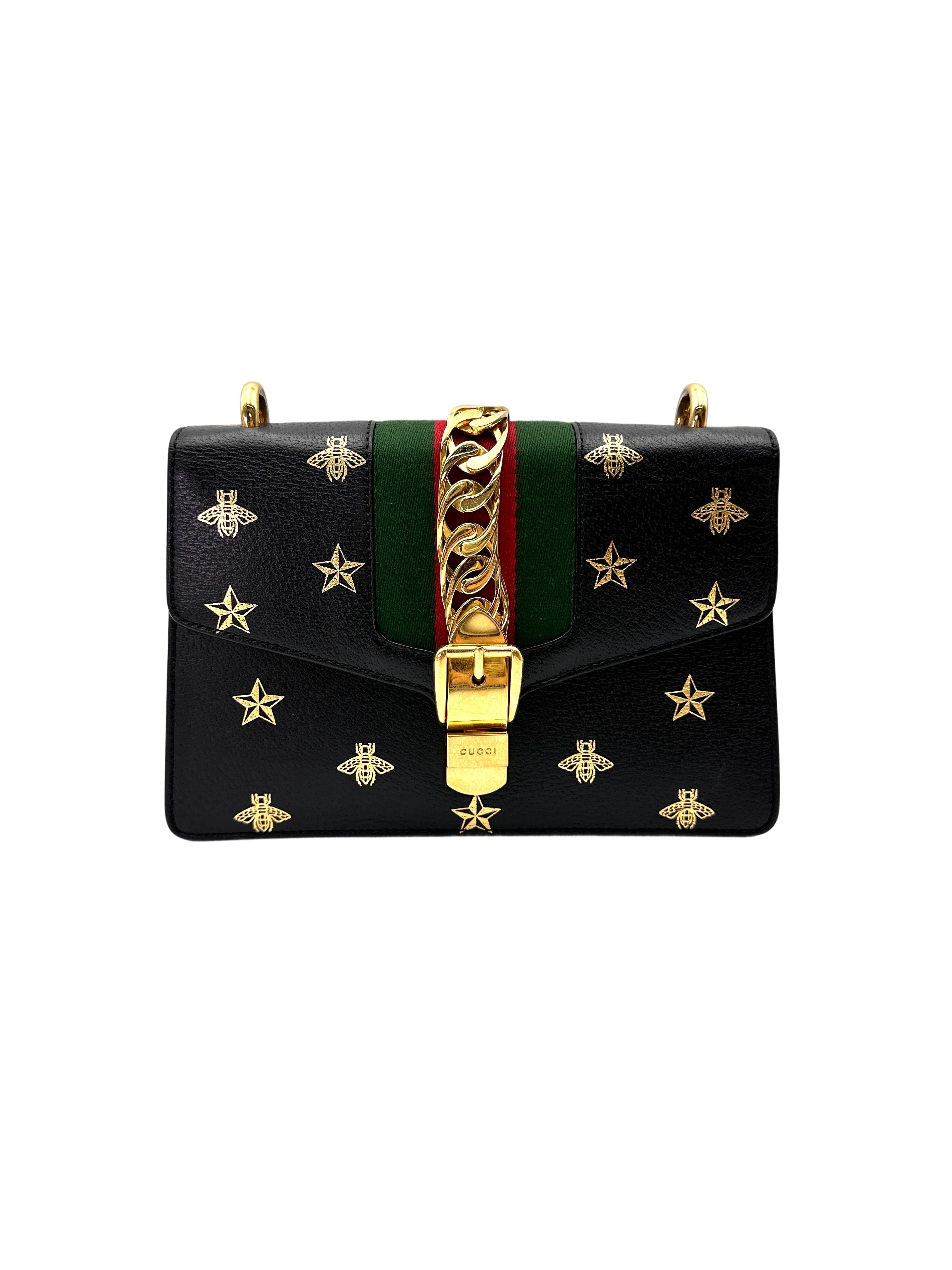 Gucci Sylvie Bee Star Black Leather Small Size Shoulder Bag GG1122