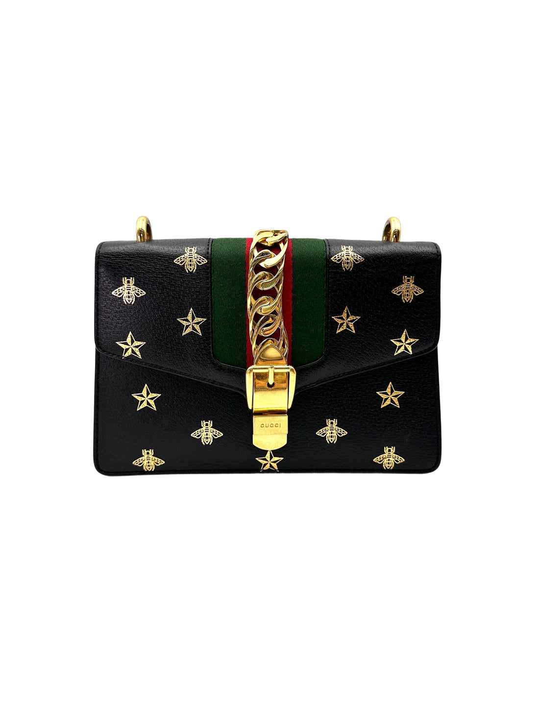 Gucci Sylvie Bee Star Black Leather Small Size Shoulder Bag GG1122