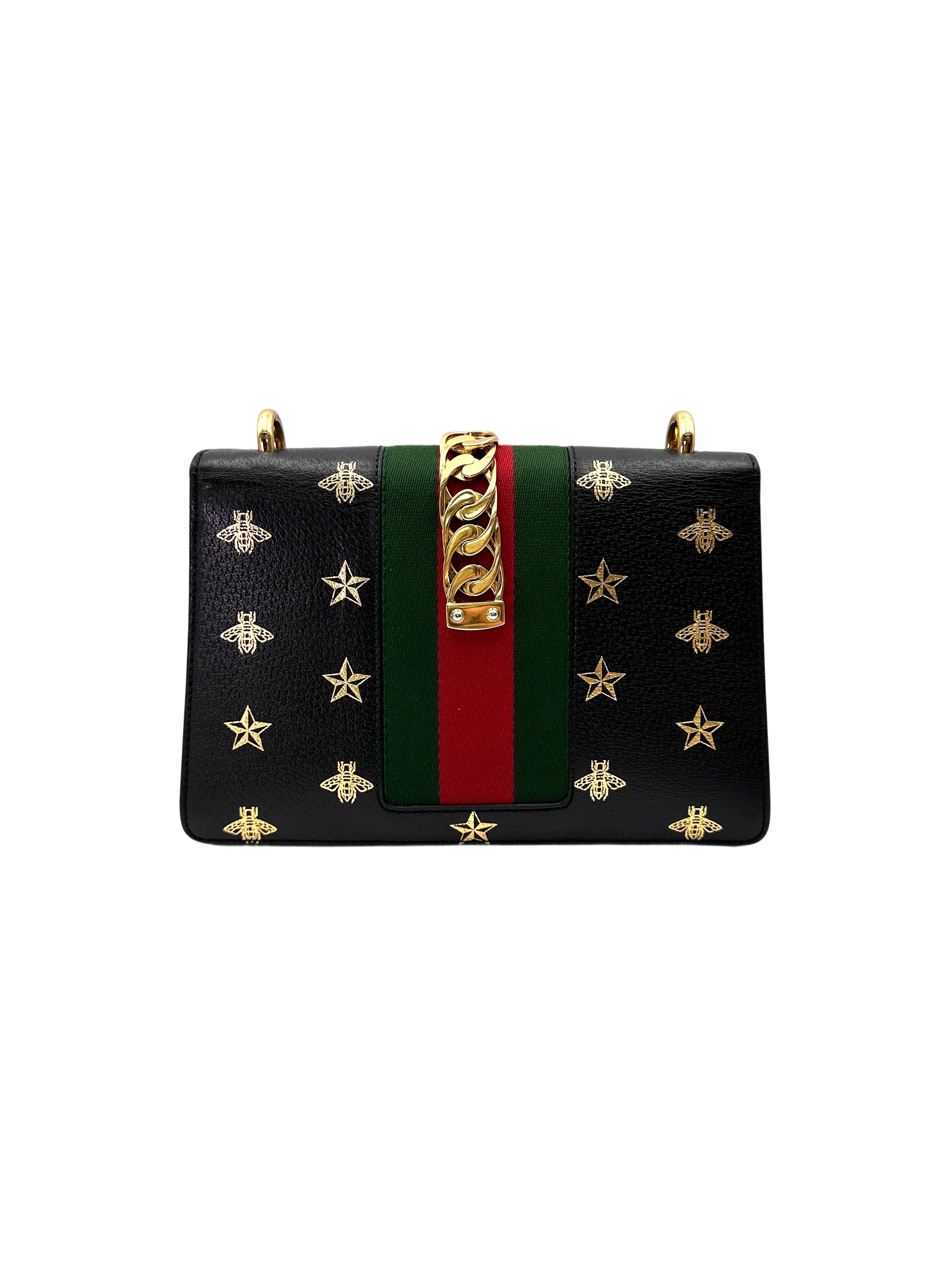 Gucci Sylvie Bee Star Black Leather Small Size Shoulder Bag GG1122