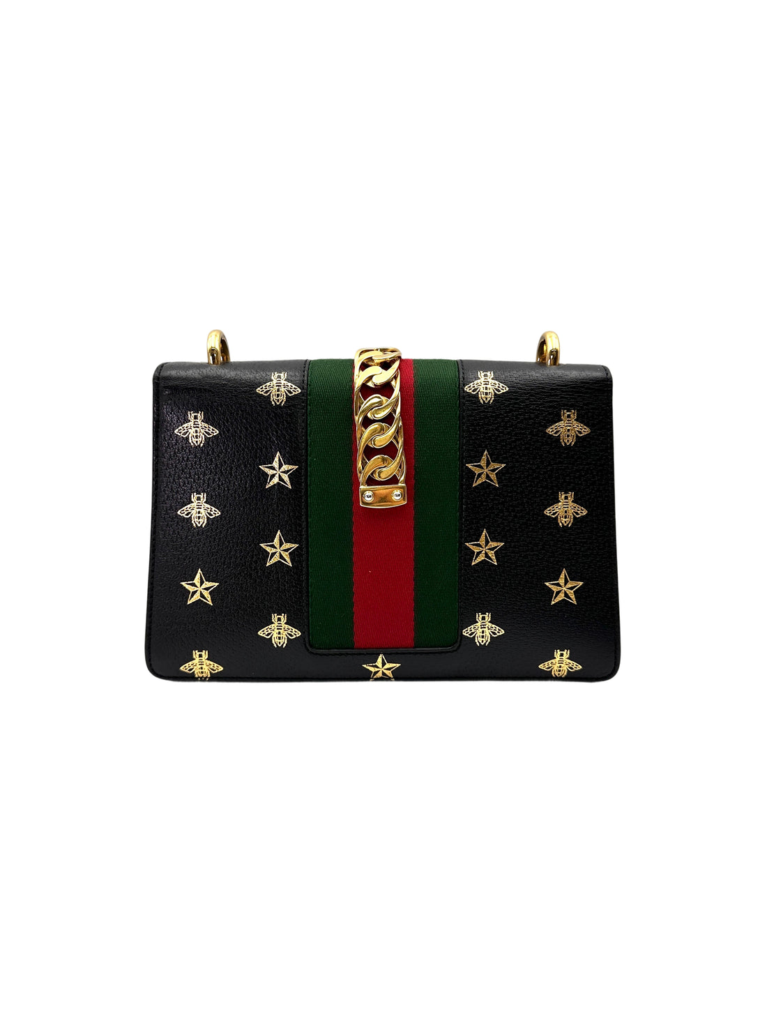 Gucci Sylvie Bee Star Black Leather Small Size Shoulder Bag GG1122