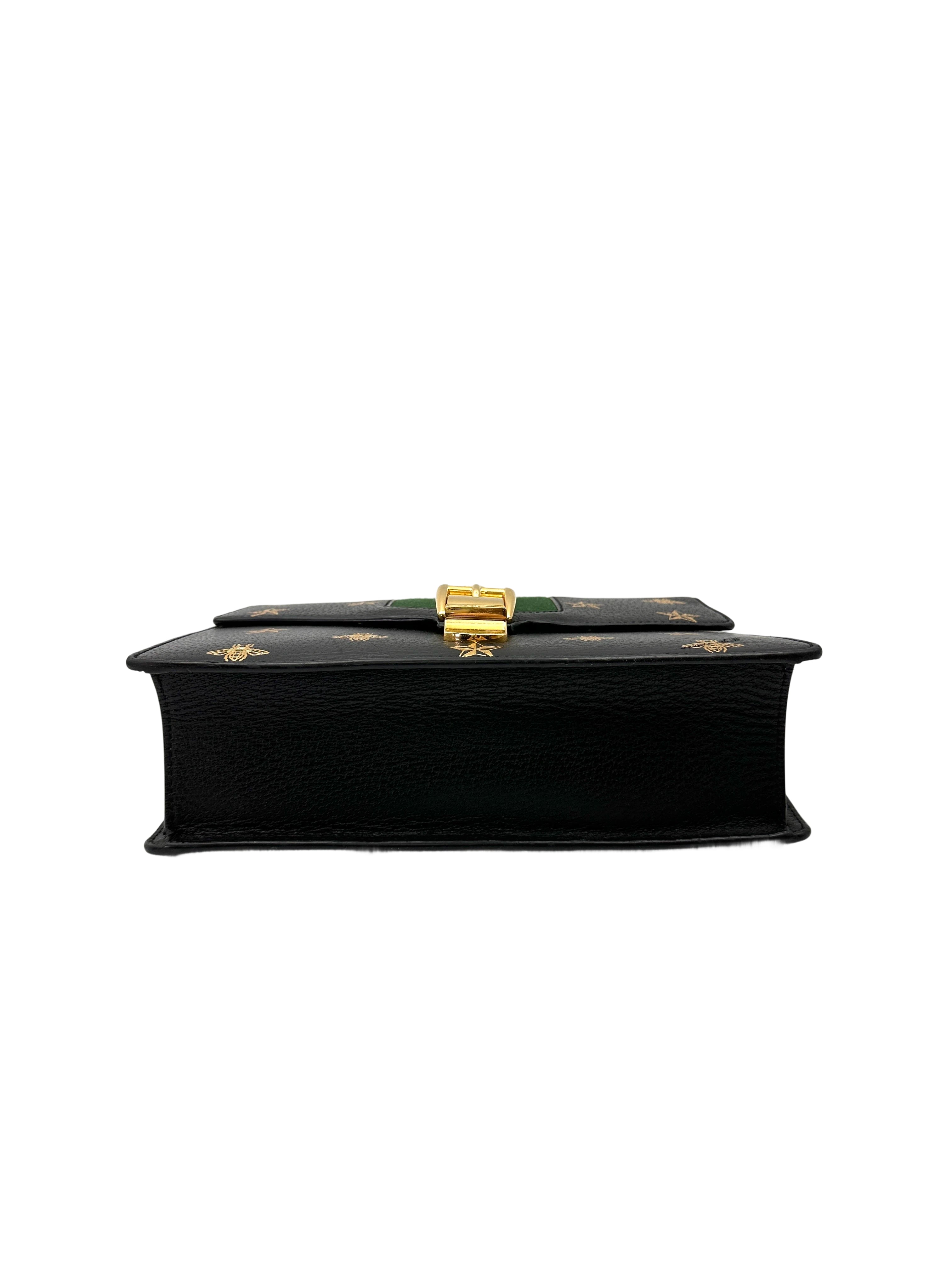 Gucci Sylvie Bee Star Black Leather Small Size Shoulder Bag GG1122